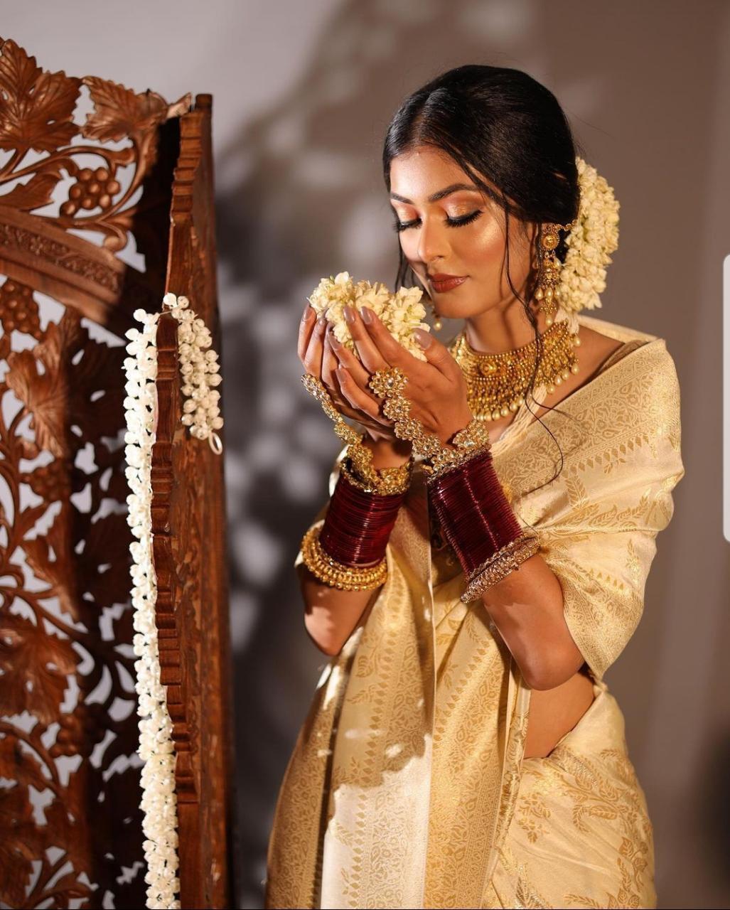 KP CREATION Elegant Cream Silk Saree with Intricate Gold Prints and Traditional Styling