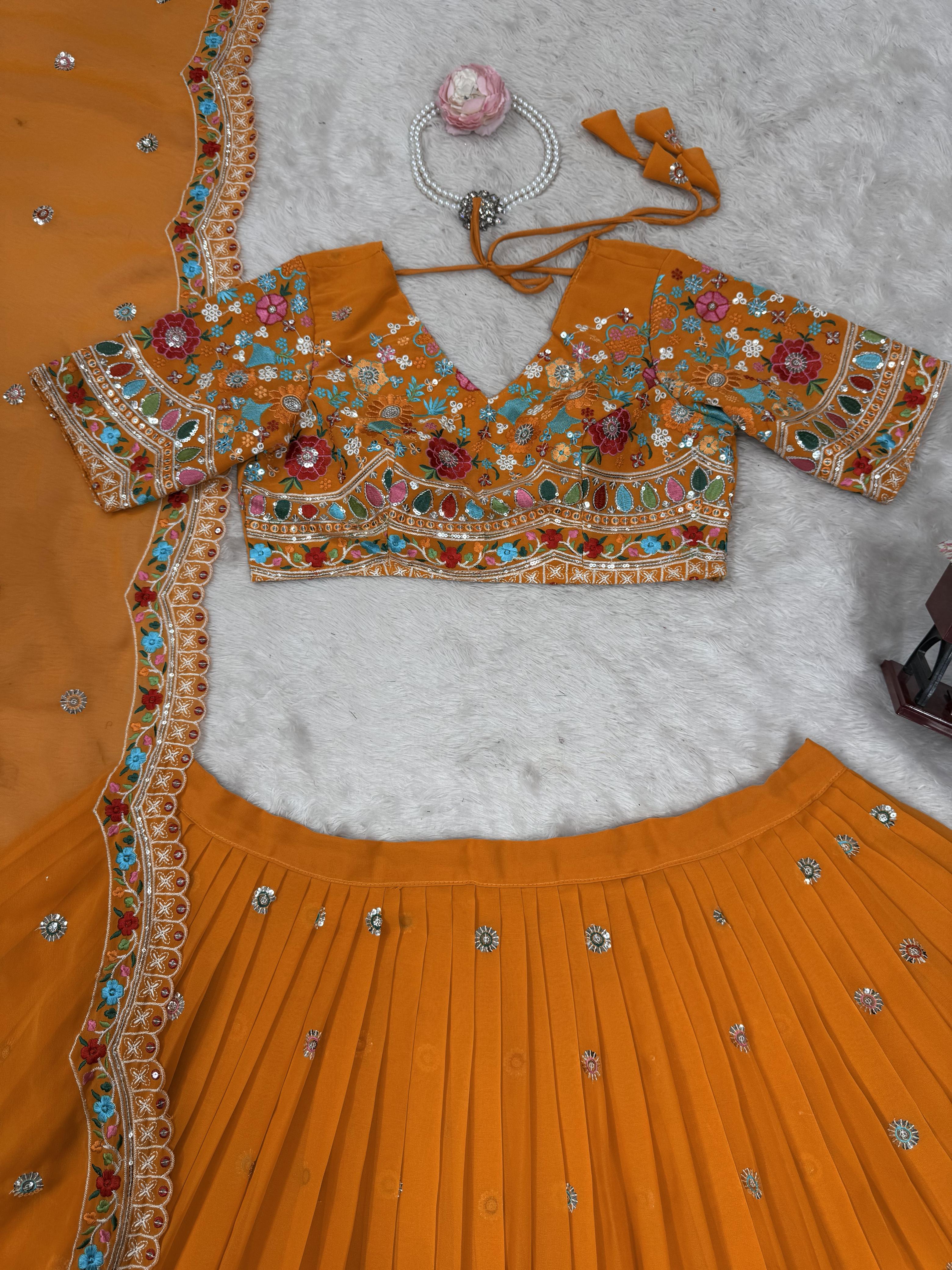 QRC Collection Elegant Hand-Embroidered Lehengas - Colorful Floral Patterns