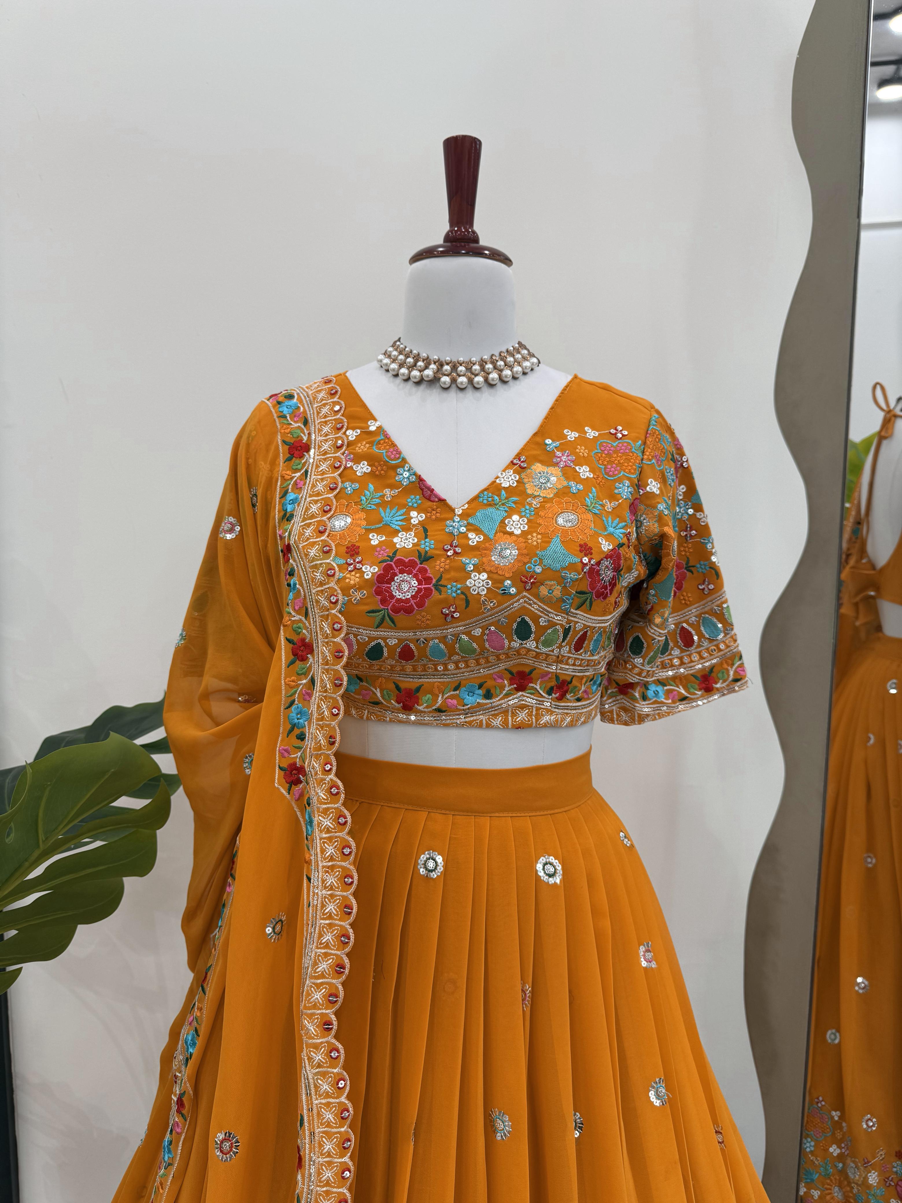 QRC Collection Elegant Hand-Embroidered Lehengas - Colorful Floral Patterns