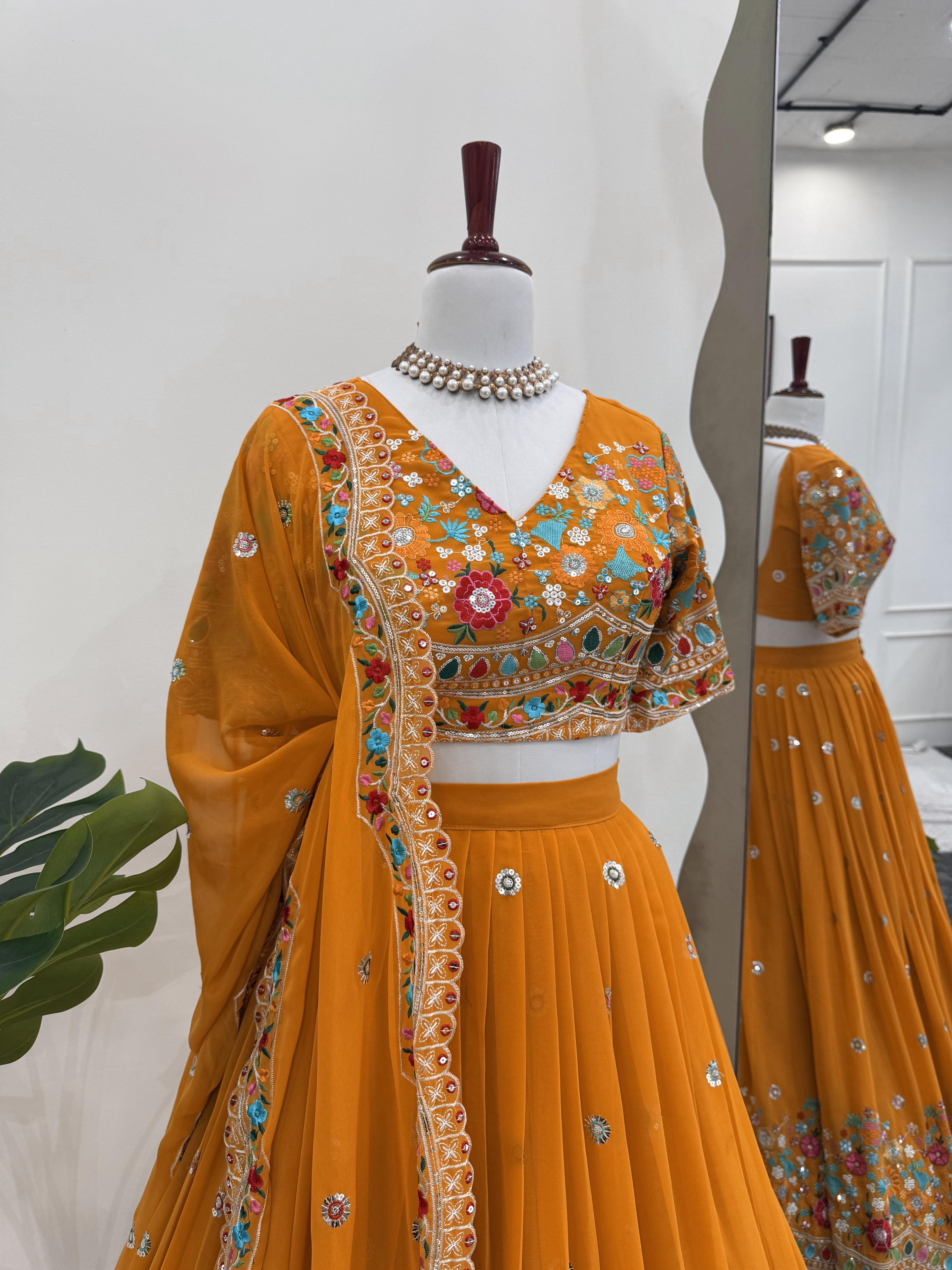 QRC Collection Elegant Hand-Embroidered Lehengas - Colorful Floral Patterns
