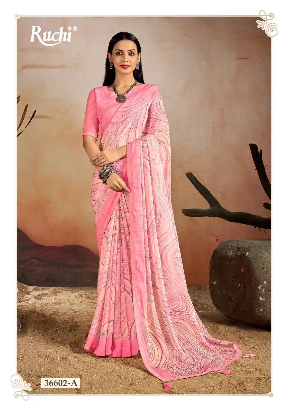 Ruchi Chiffon Saree Features A Delicate Chiffon Fabric Enhanced With A Border Embellished With Crystal