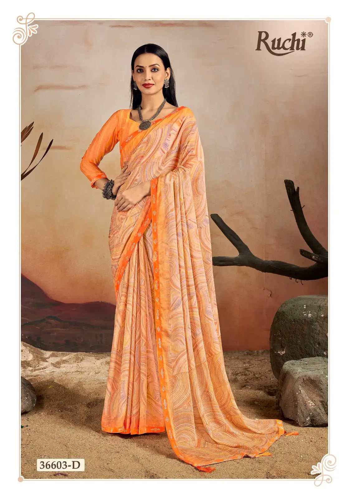 Ruchi Chiffon Saree Features A Delicate Chiffon Fabric Enhanced With A Border Embellished With Crystal