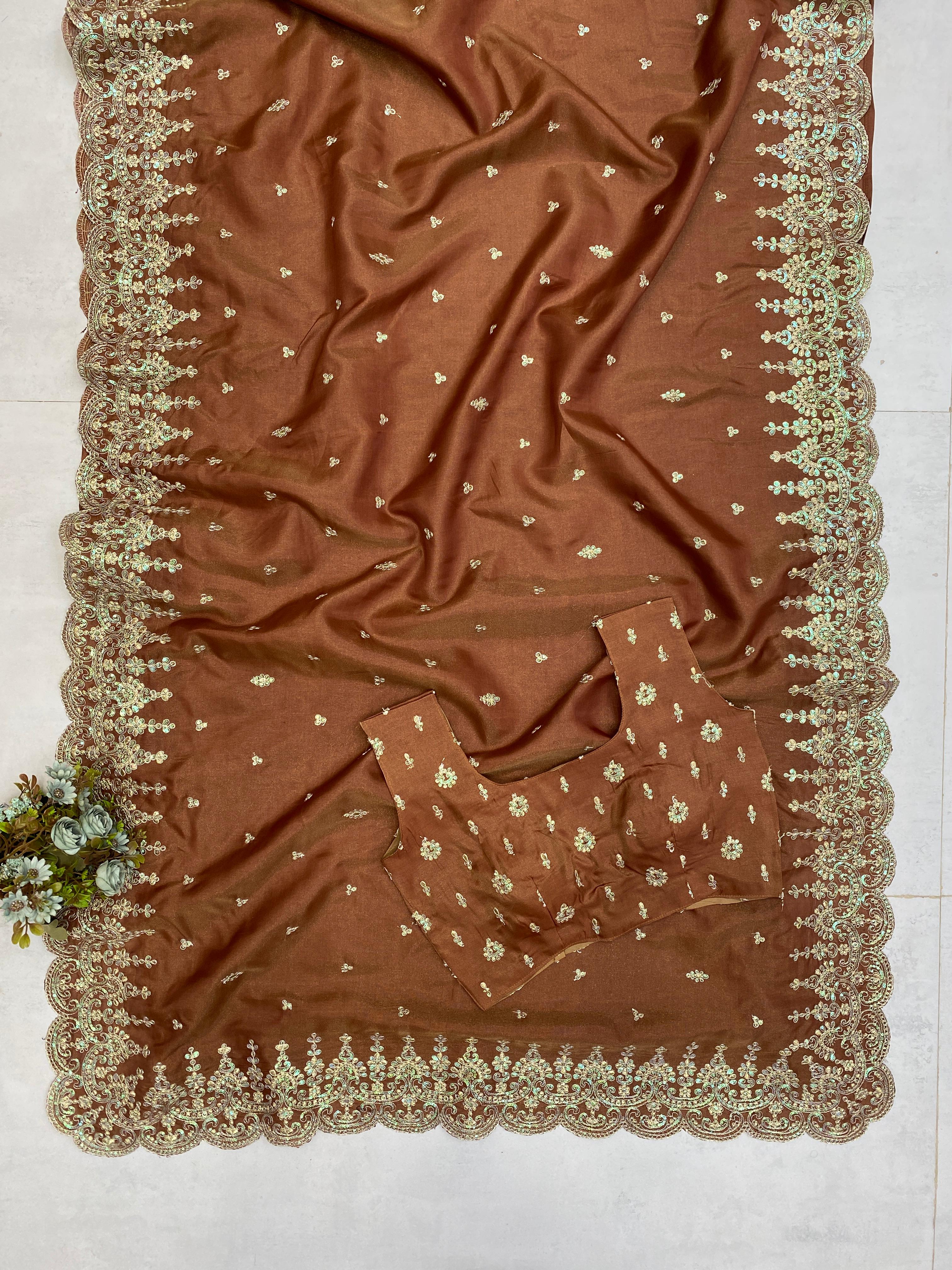 BE BHANDERI Luxurious Brown Embellished Silk Saree with Intricate Work