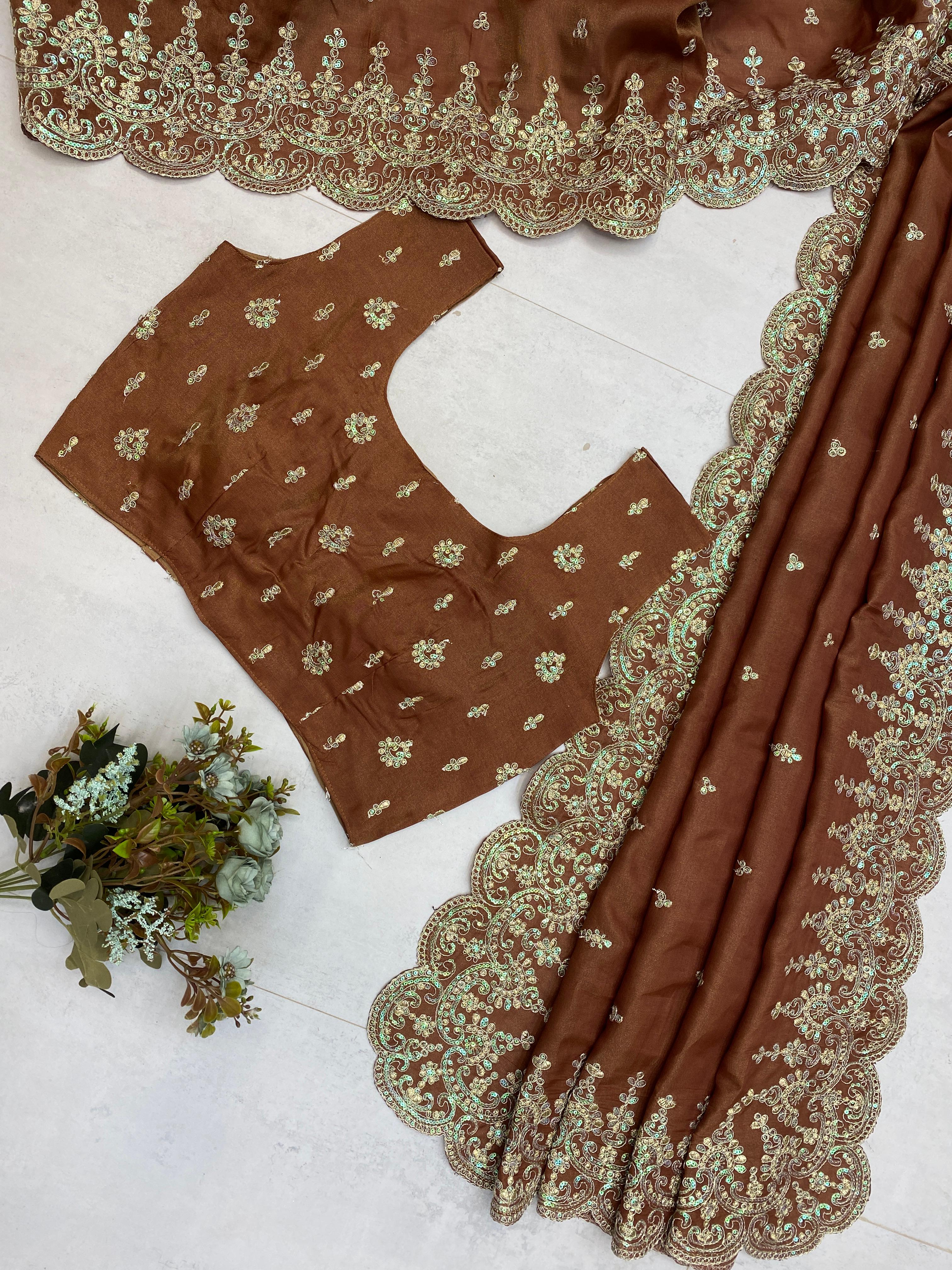 BE BHANDERI Luxurious Brown Embellished Silk Saree with Intricate Work