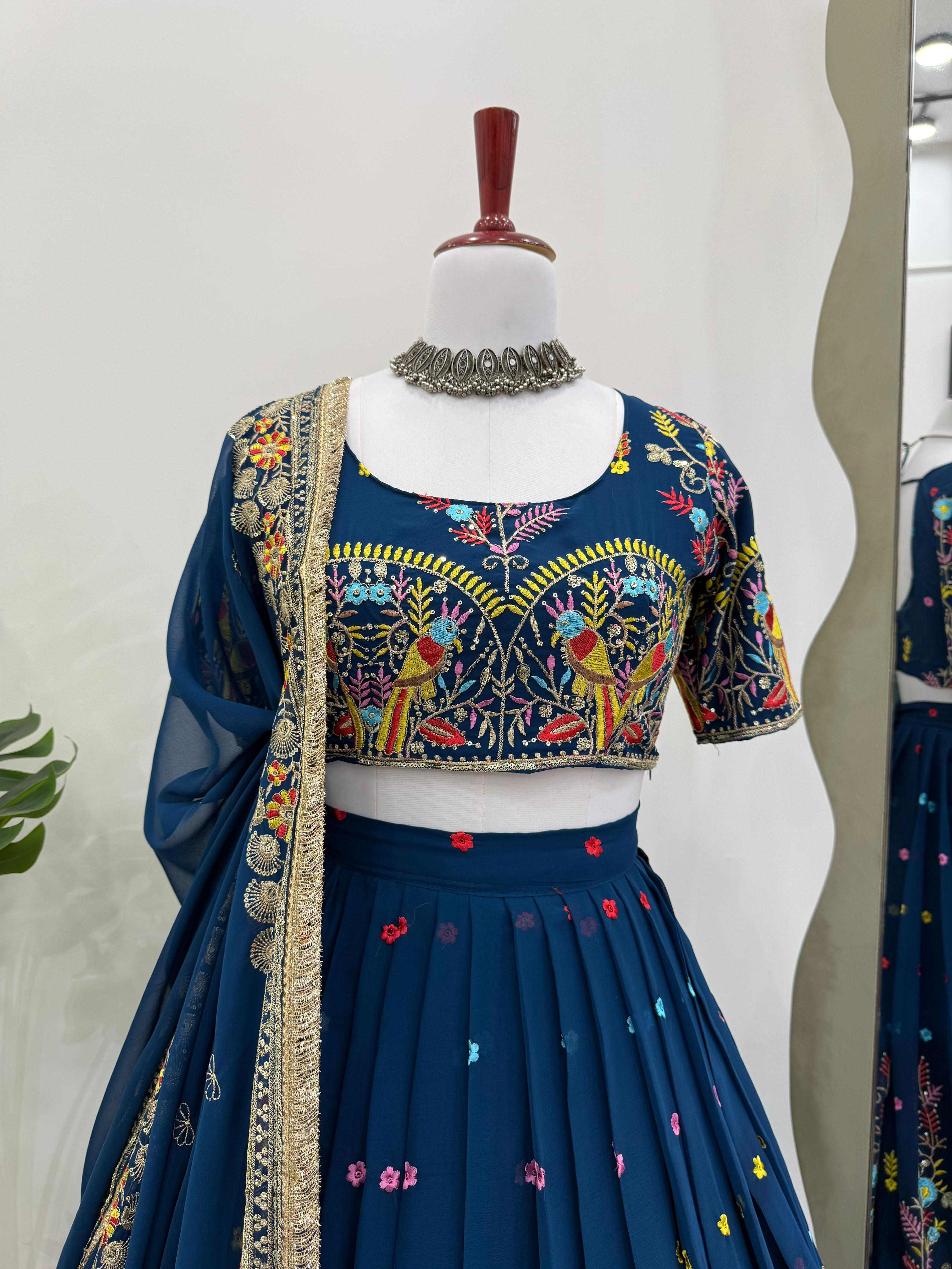 QRC Navy Blue Embroidered Lehenga Choli Set – Elegant Traditional Wear