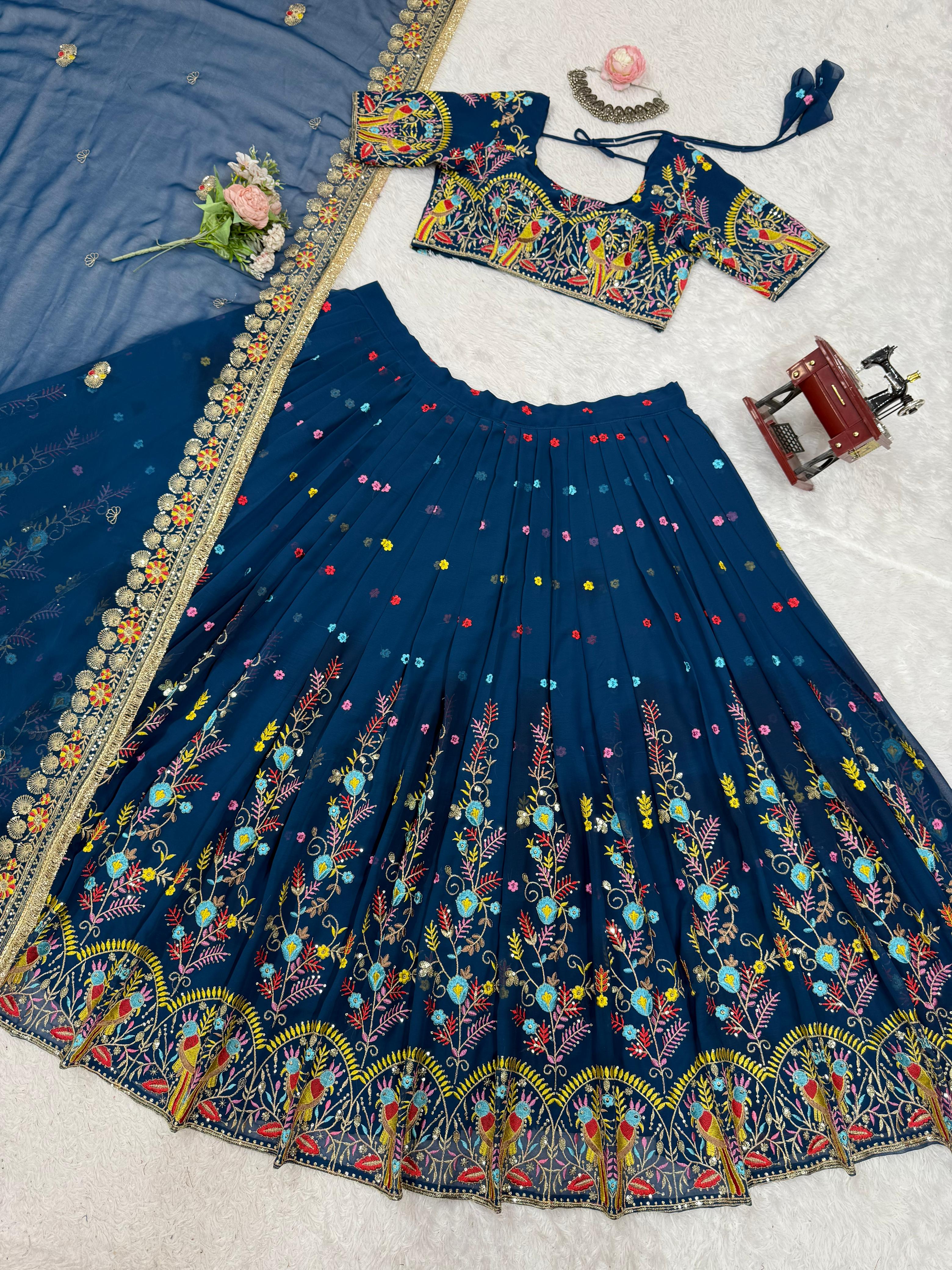 QRC Navy Blue Embroidered Lehenga Choli Set – Elegant Traditional Wear