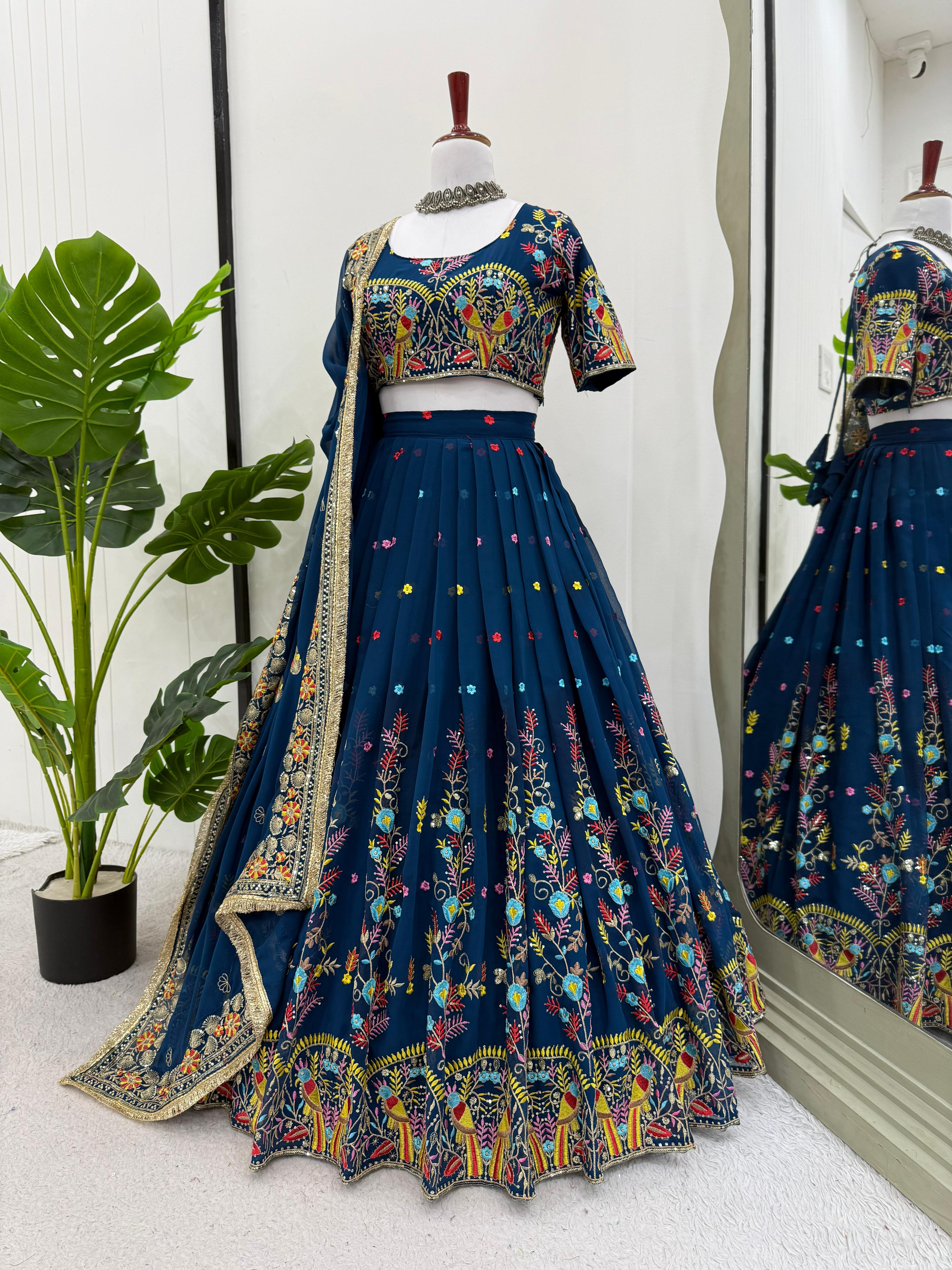 QRC Navy Blue Embroidered Lehenga Choli Set – Elegant Traditional Wear