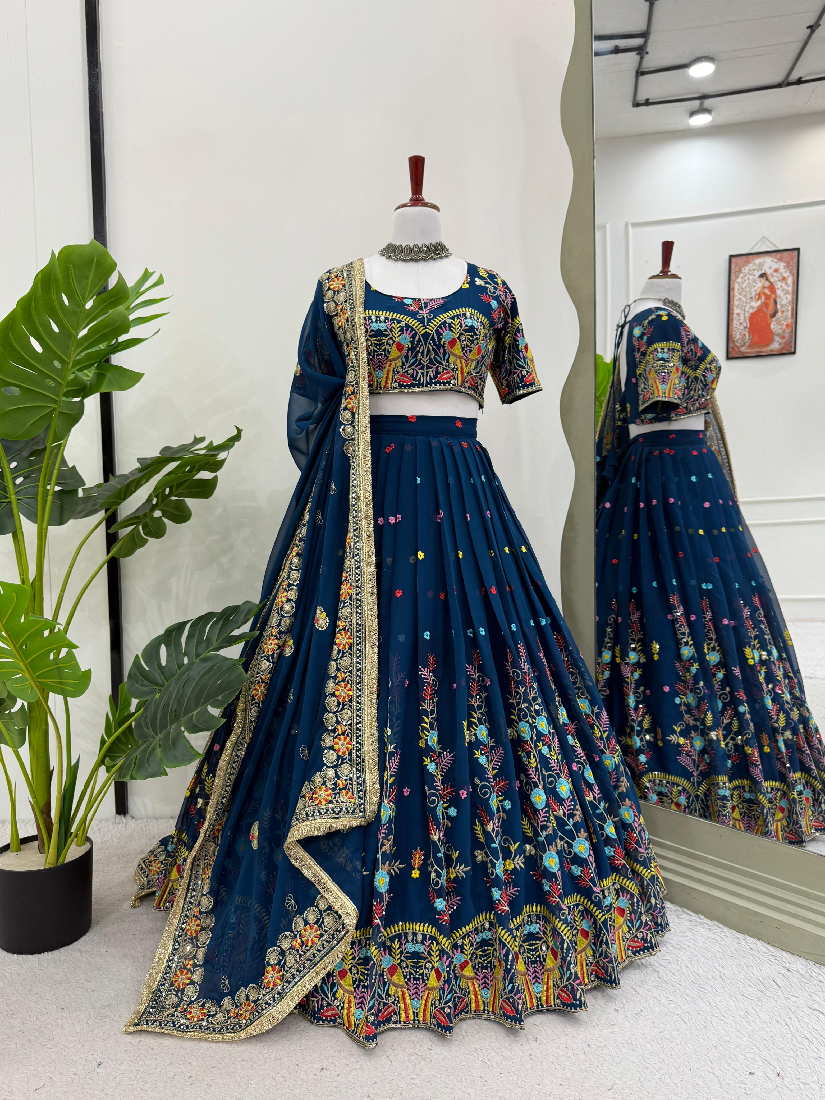 QRC Navy Blue Embroidered Lehenga Choli Set – Elegant Traditional Wear
