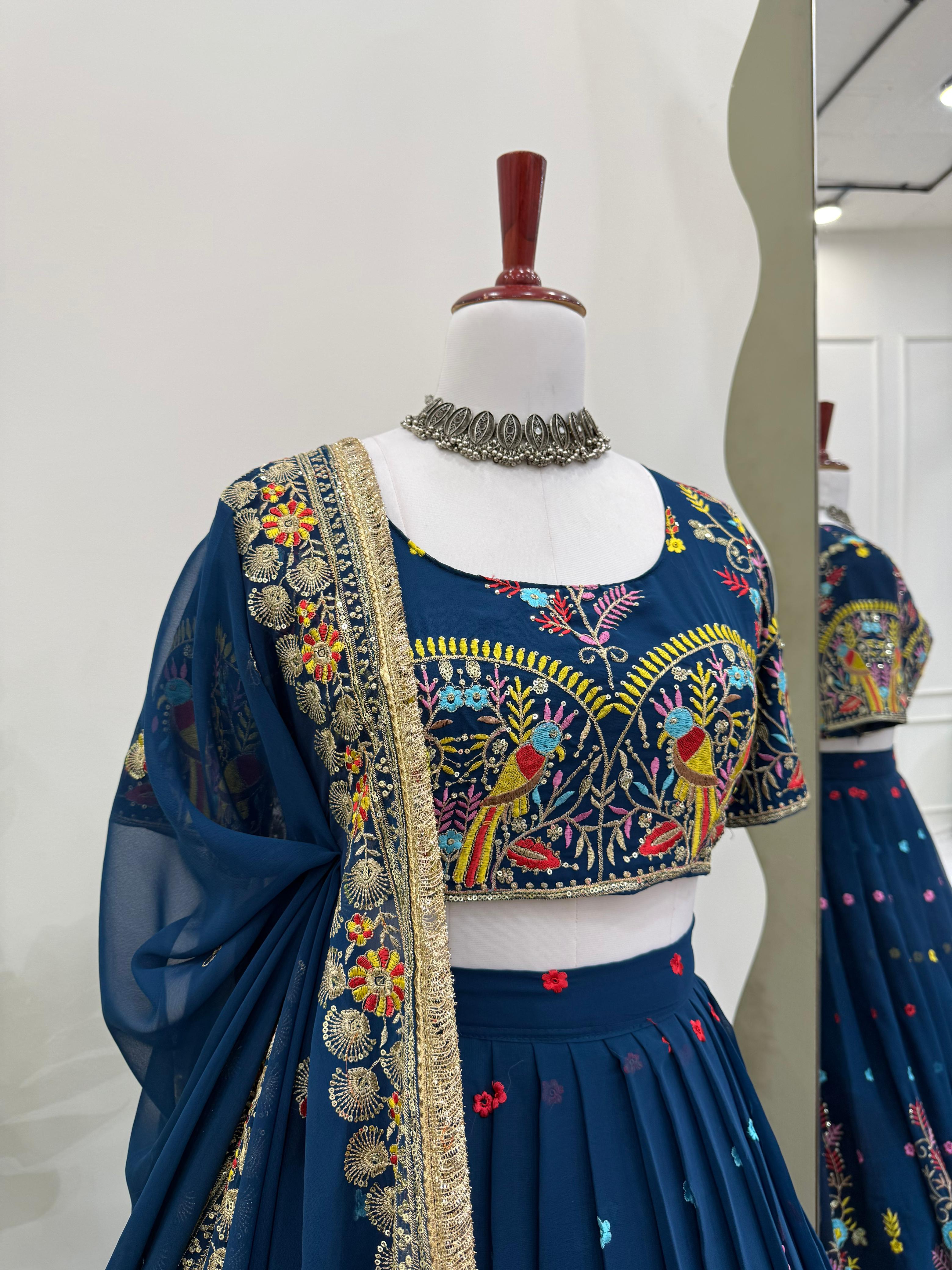 QRC Navy Blue Embroidered Lehenga Choli Set – Elegant Traditional Wear