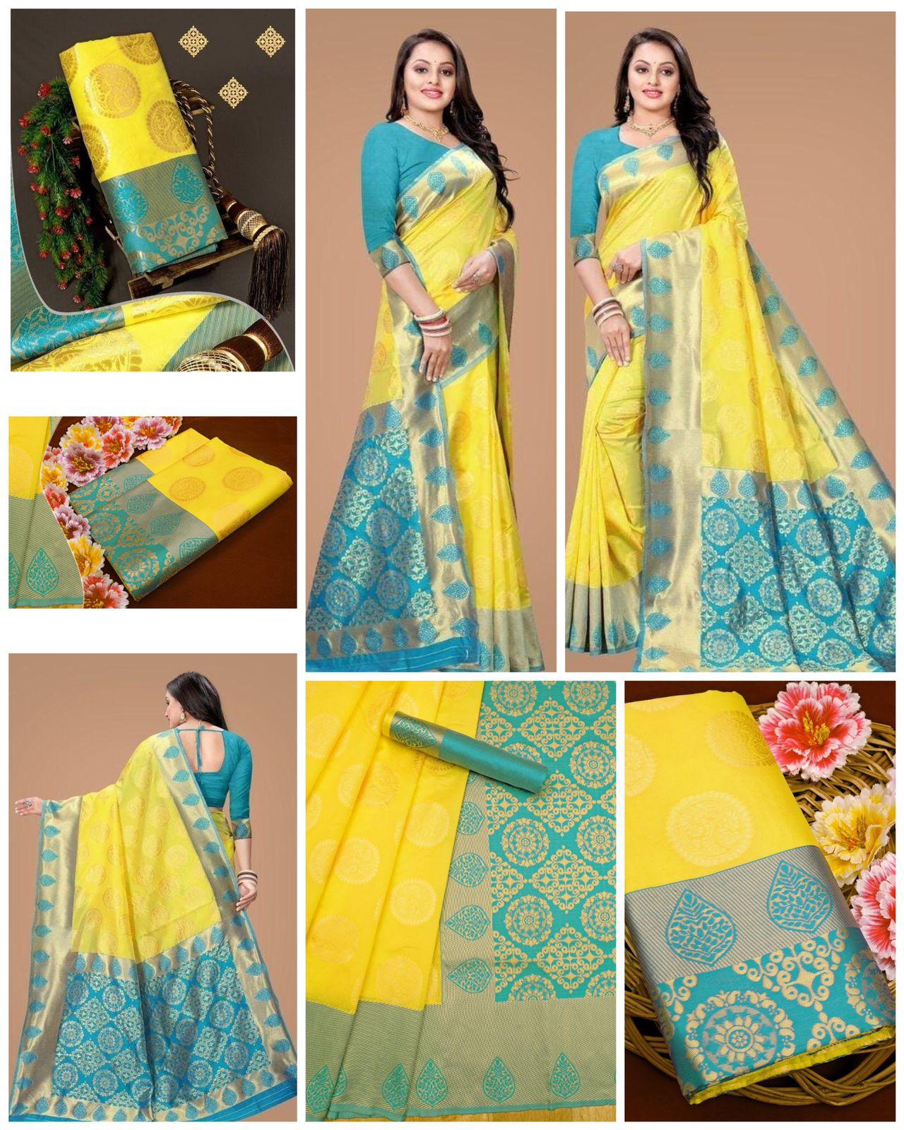 KP CREATION Elegant Yellow & Green Silk Saree Collection