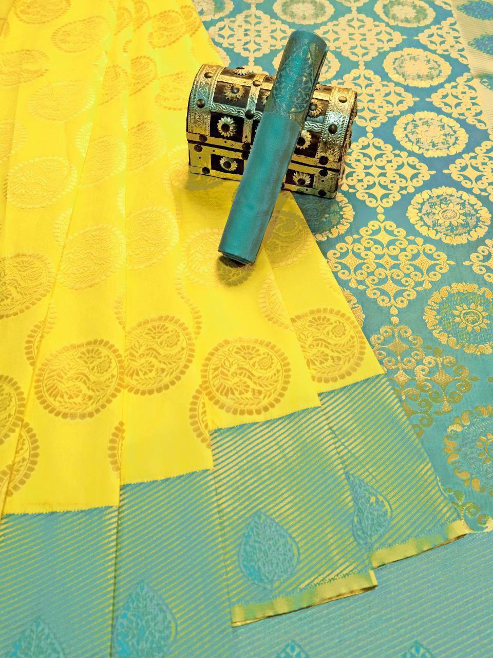 KP CREATION Elegant Yellow & Green Silk Saree Collection