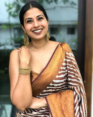 KP CREATION Elegant Brown and Beige Silk Saree with Stripes and Traditional Prints