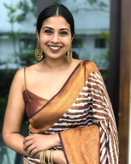 KP CREATION Elegant Brown and Beige Silk Saree with Stripes and Traditional Prints