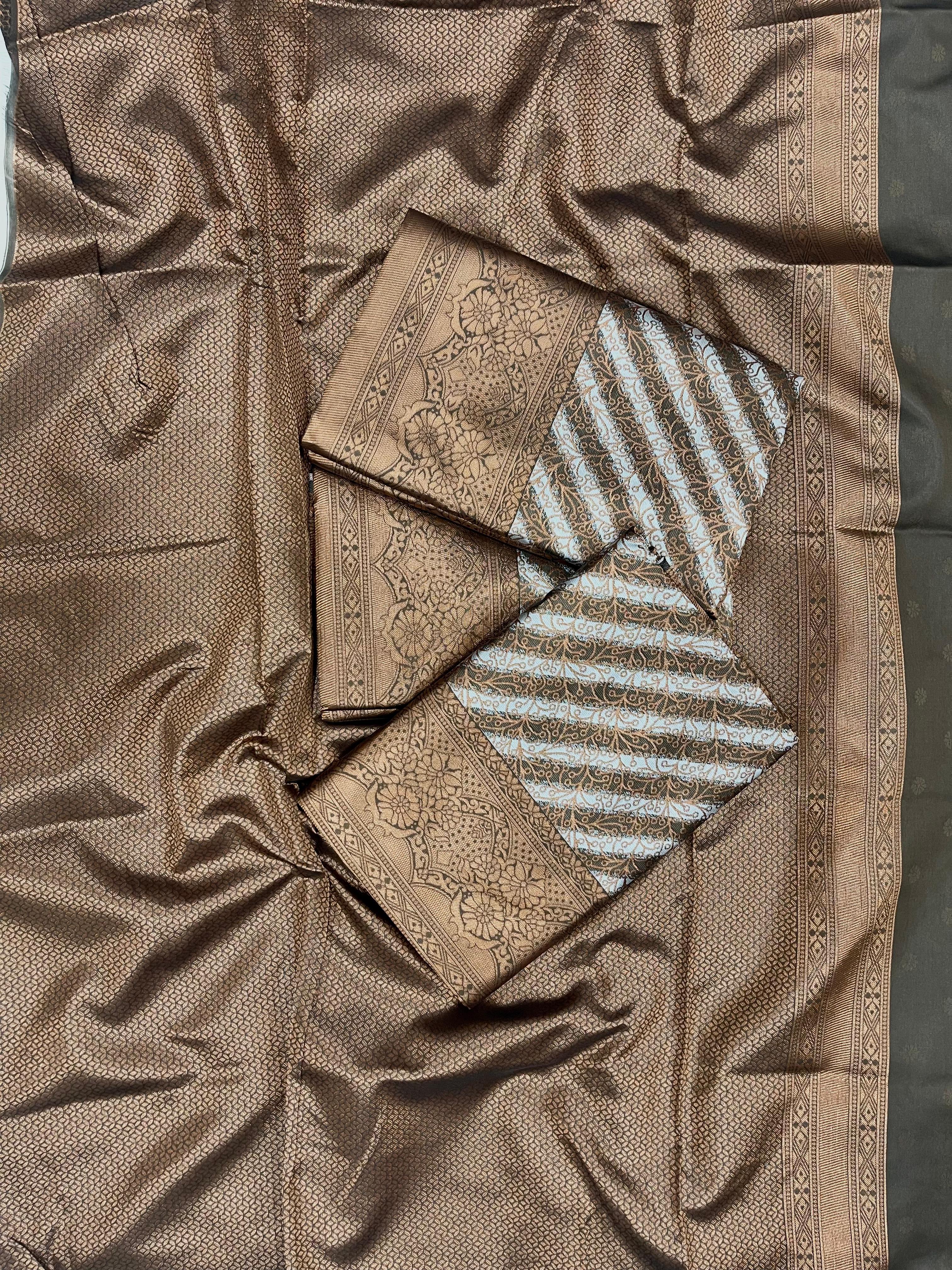 KP CREATION Elegant Brown and Beige Silk Saree with Stripes and Traditional Prints