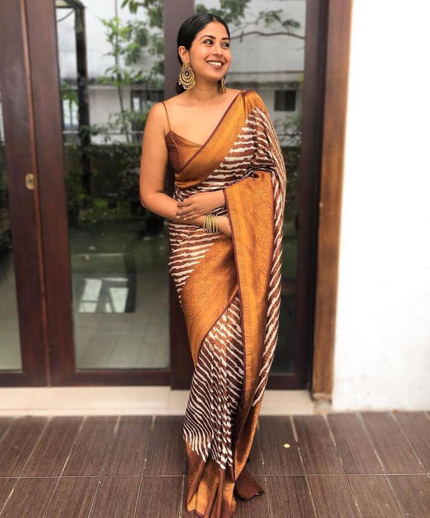 KP CREATION Elegant Brown and Beige Silk Saree with Stripes and Traditional Prints