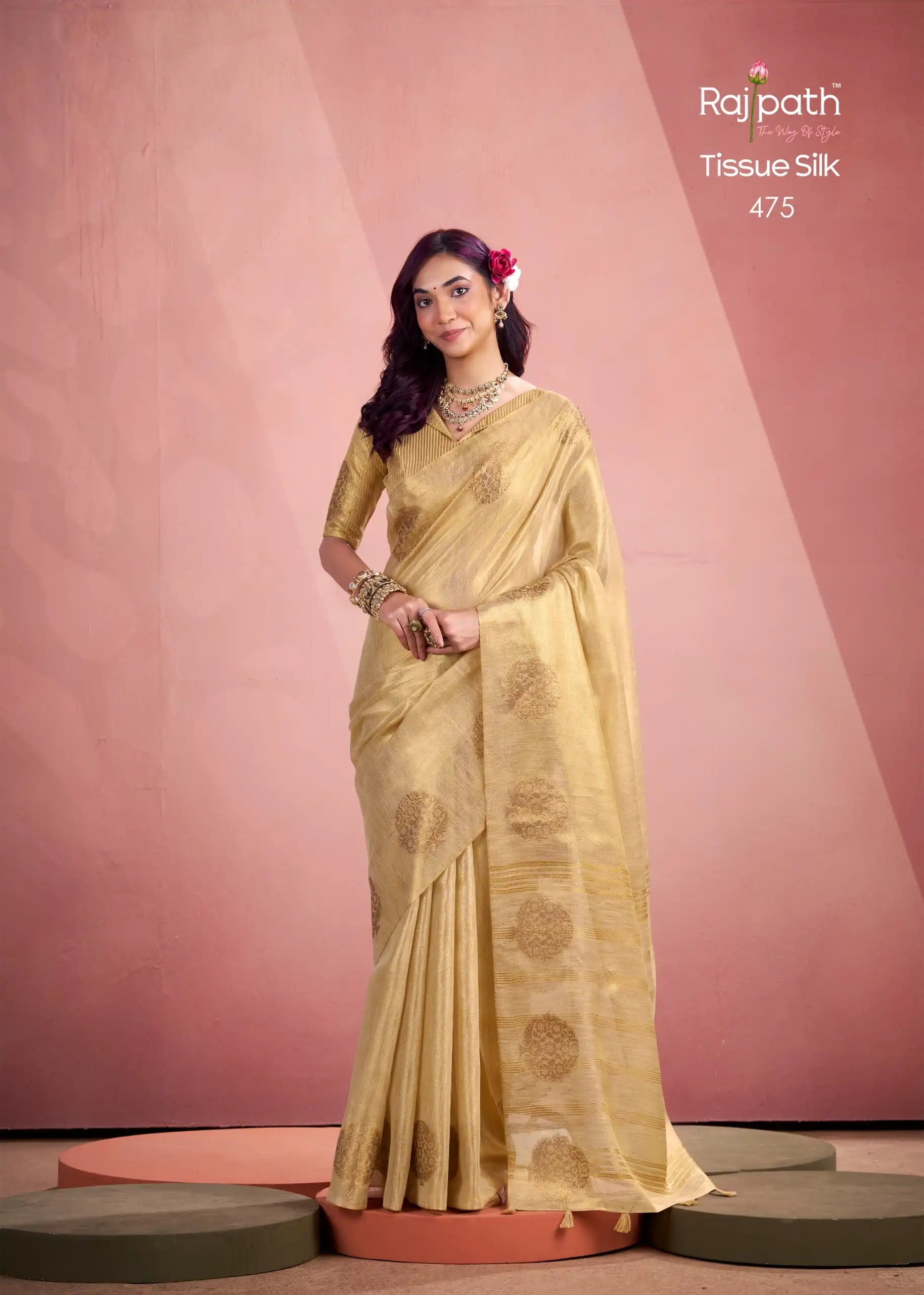 Rajpath Fabrics presents tissue Fancy Weaving Sarees Expertly Crafted To Combine Traditional