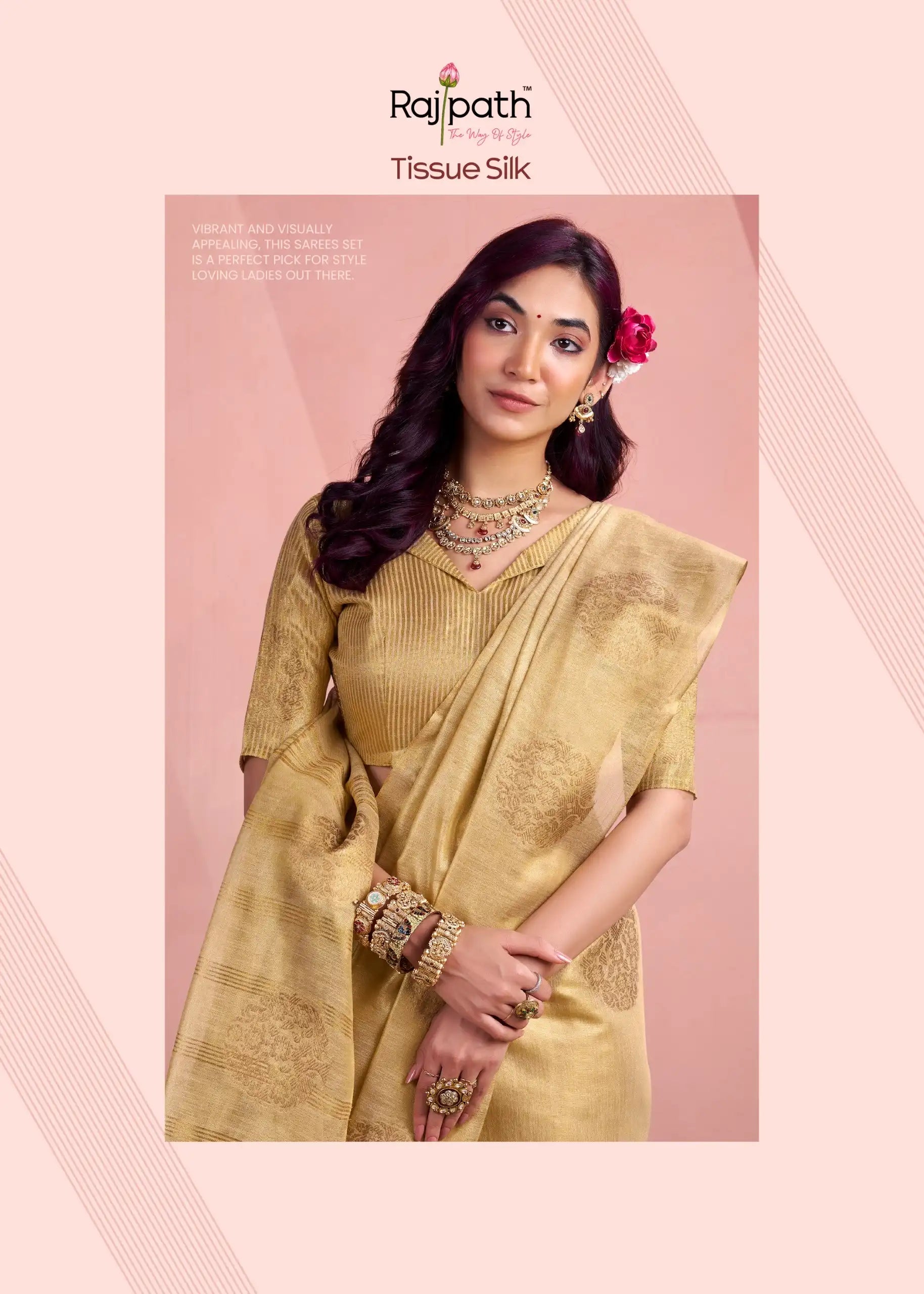 Rajpath Fabrics presents tissue Fancy Weaving Sarees Expertly Crafted To Combine Traditional