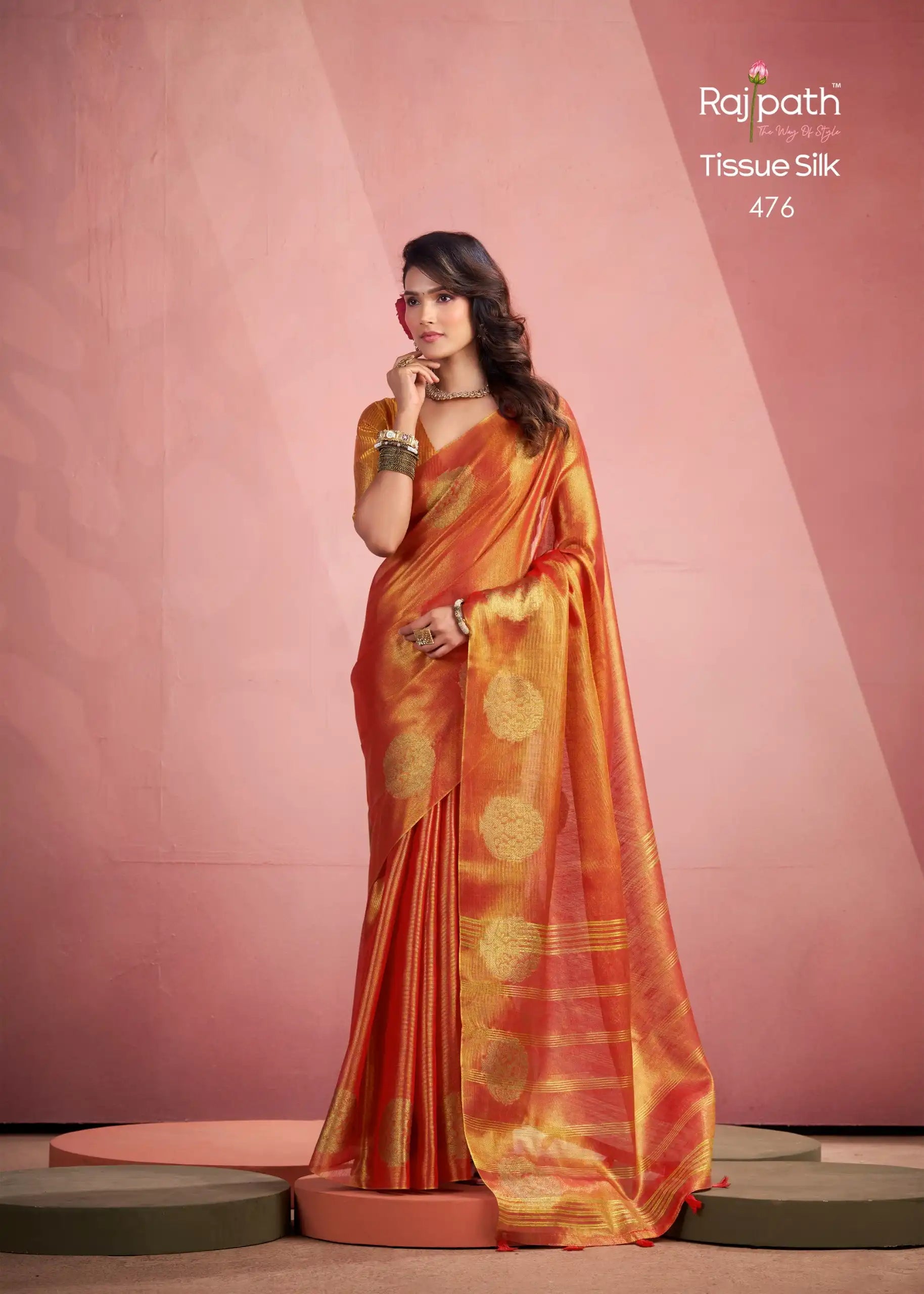 Rajpath Fabrics presents tissue Fancy Weaving Sarees Expertly Crafted To Combine Traditional