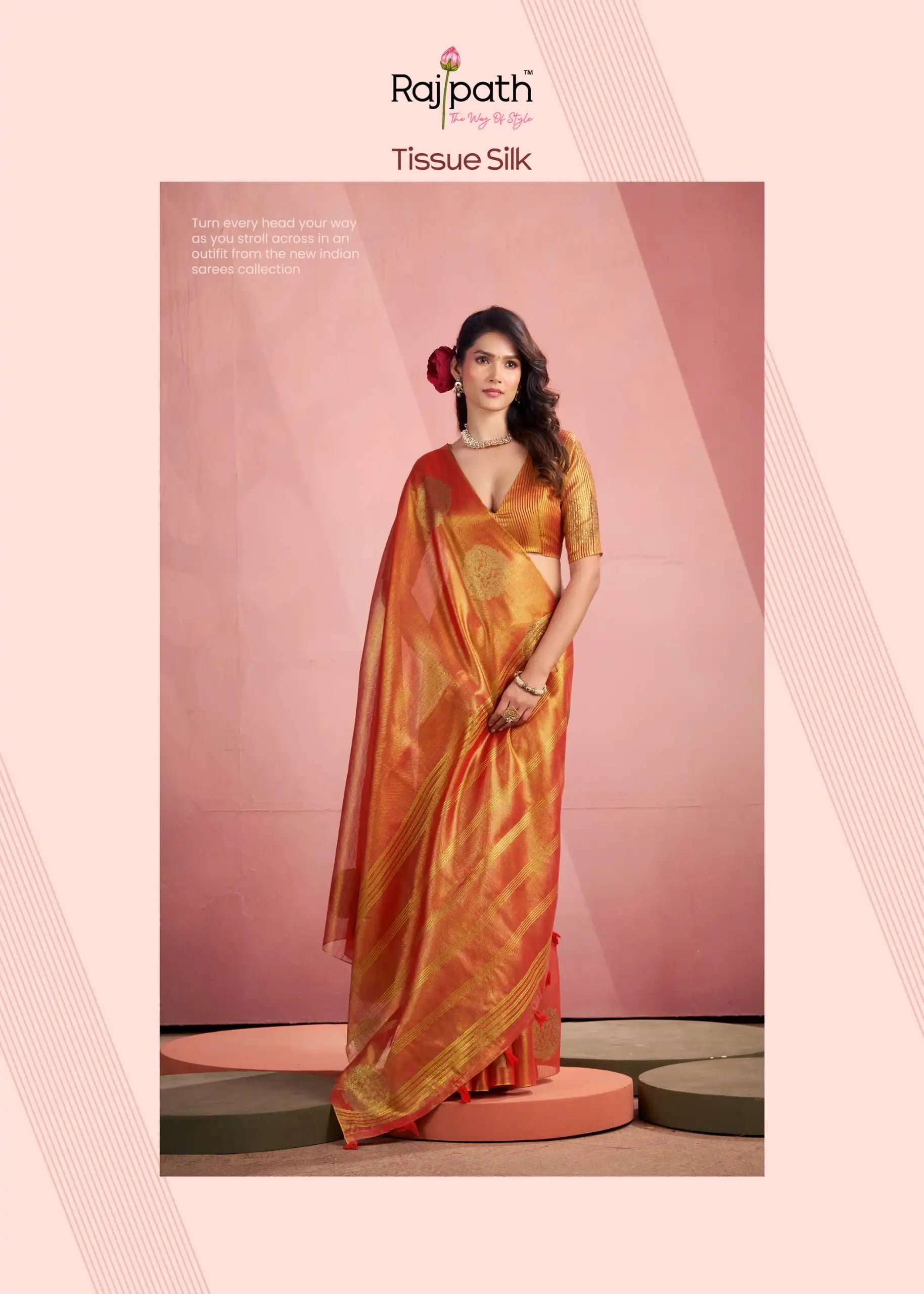 Rajpath Fabrics presents tissue Fancy Weaving Sarees Expertly Crafted To Combine Traditional