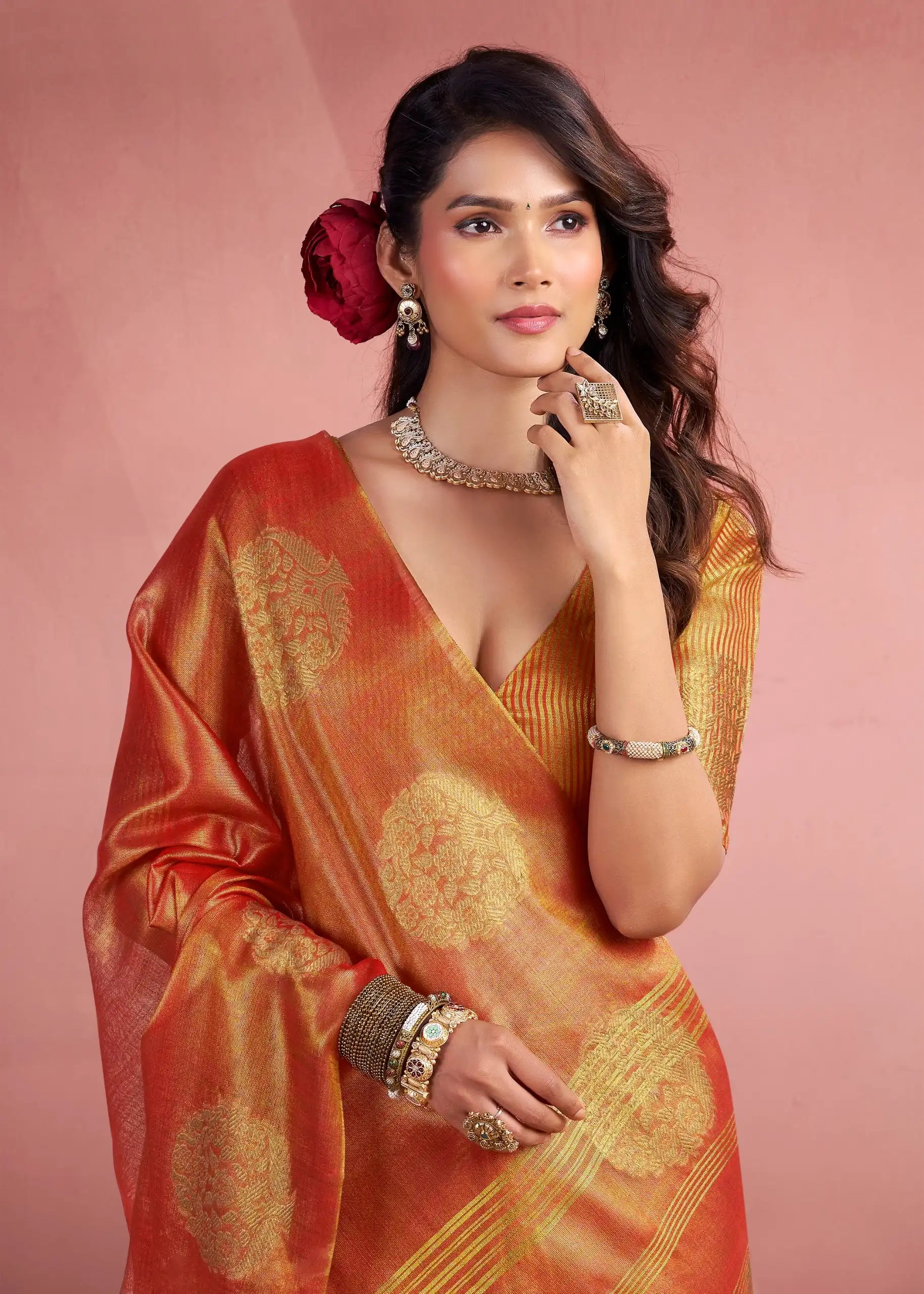 Rajpath Fabrics presents tissue Fancy Weaving Sarees Expertly Crafted To Combine Traditional