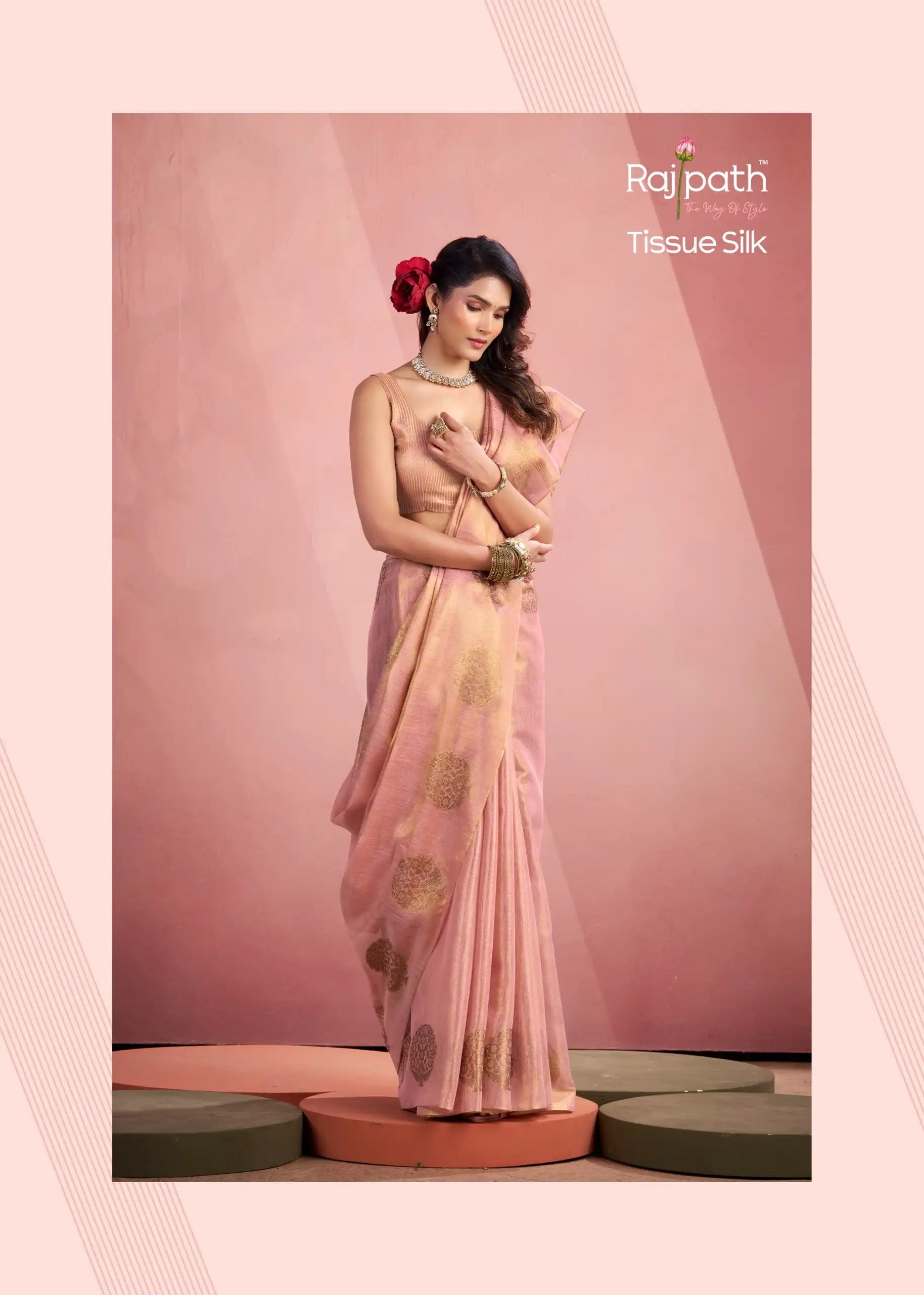 Rajpath Fabrics presents tissue Fancy Weaving Sarees Expertly Crafted To Combine Traditional