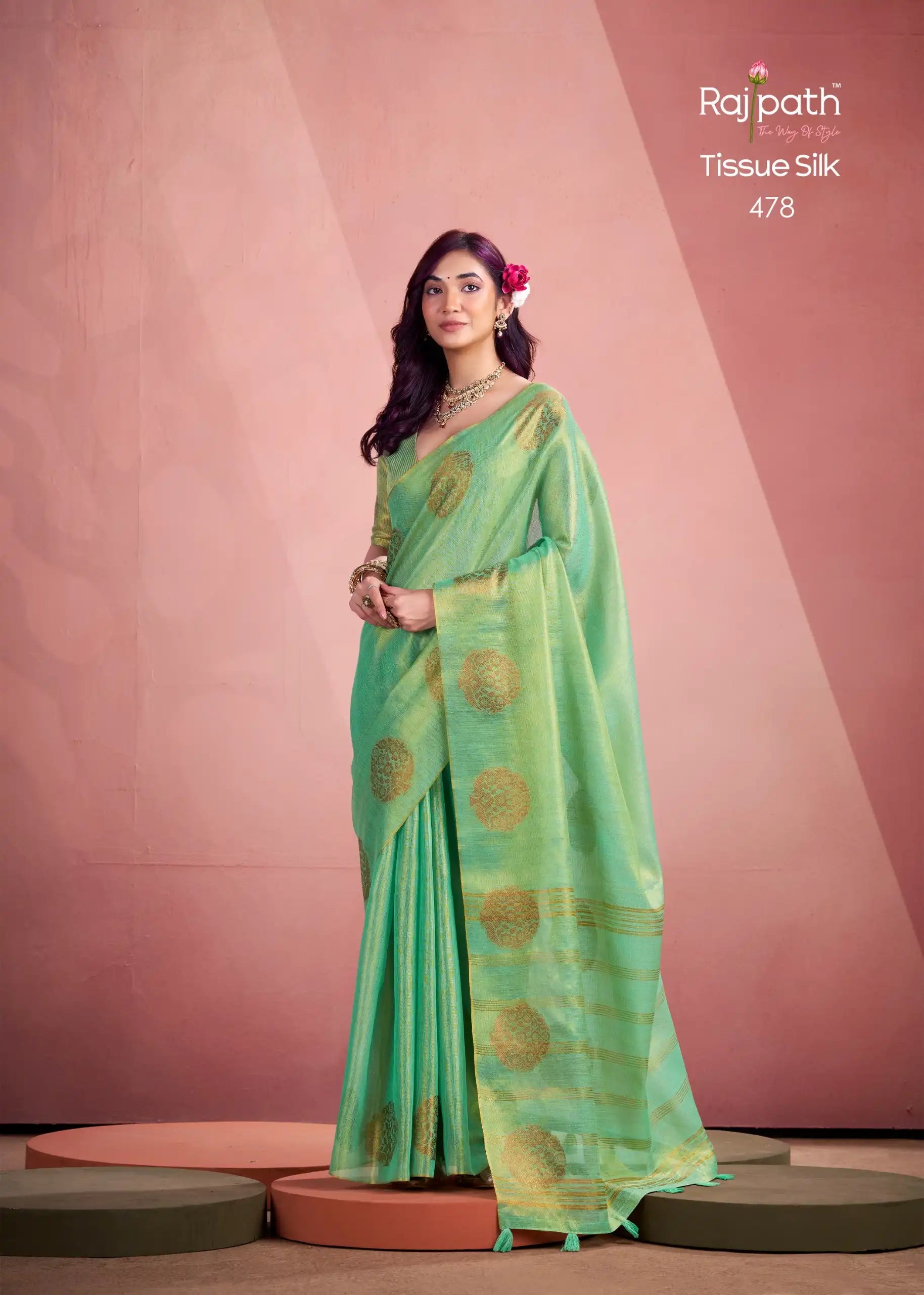 Rajpath Fabrics presents tissue Fancy Weaving Sarees Expertly Crafted To Combine Traditional