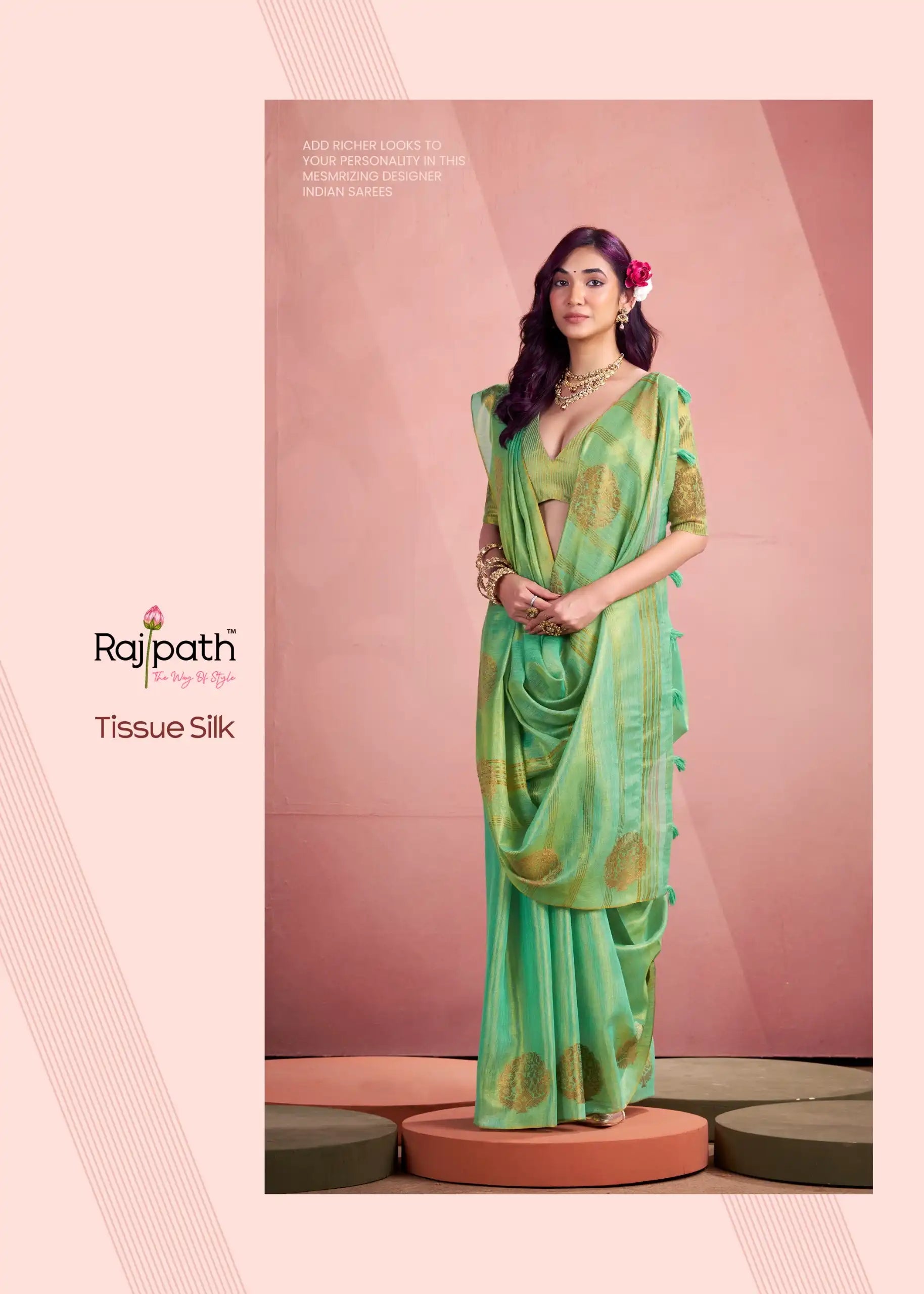 Rajpath Fabrics presents tissue Fancy Weaving Sarees Expertly Crafted To Combine Traditional