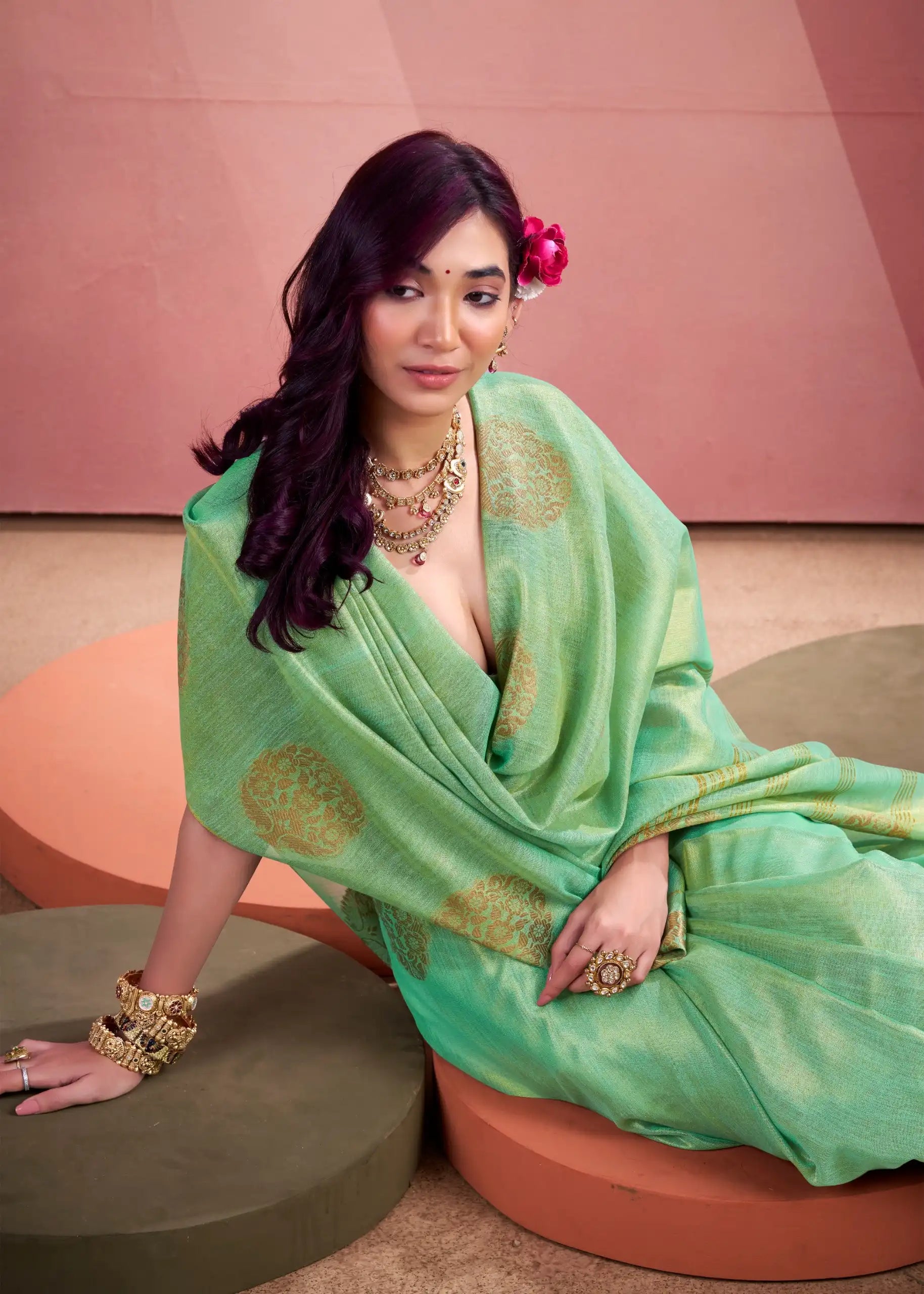 Rajpath Fabrics presents tissue Fancy Weaving Sarees Expertly Crafted To Combine Traditional