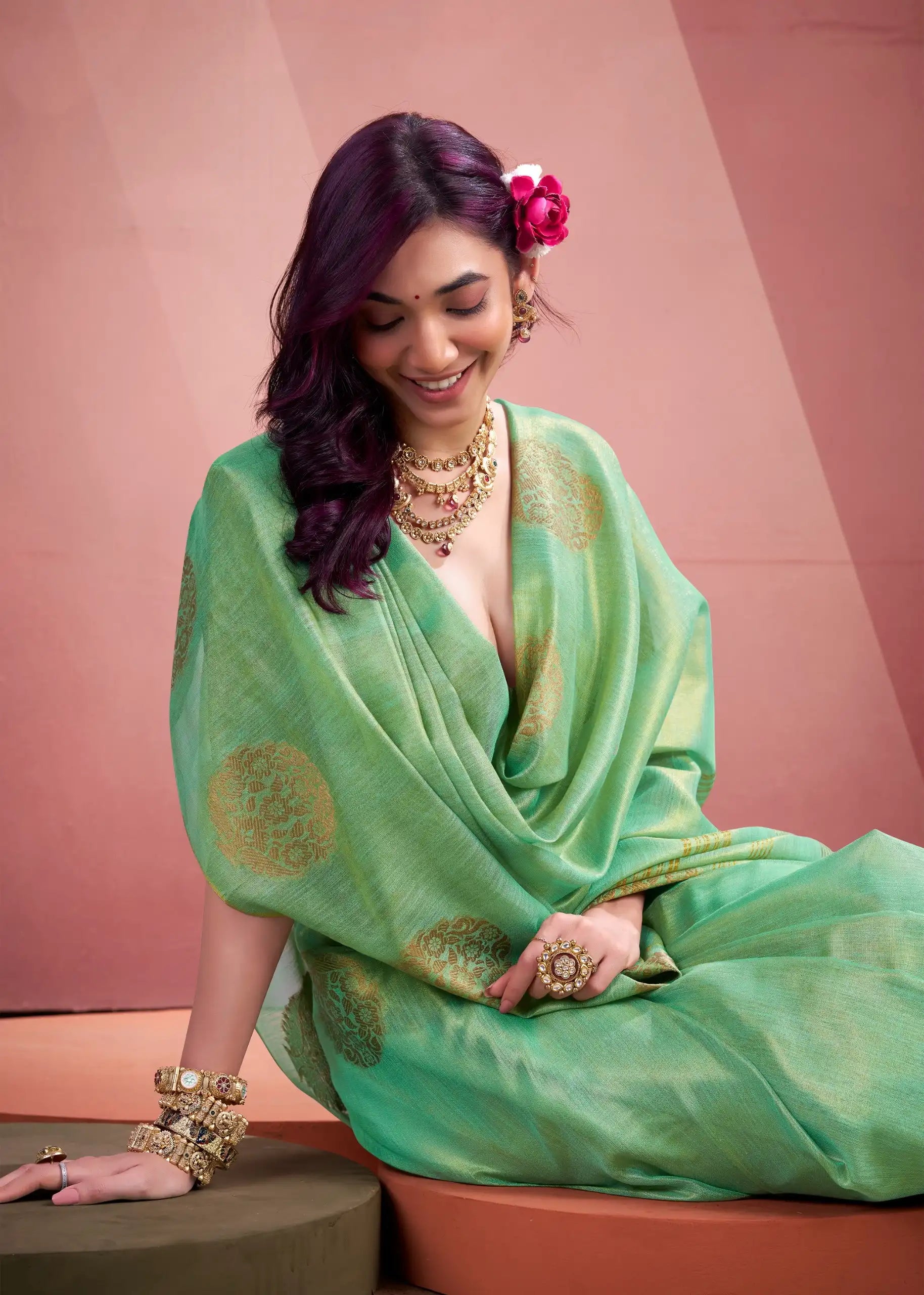 Rajpath Fabrics presents tissue Fancy Weaving Sarees Expertly Crafted To Combine Traditional