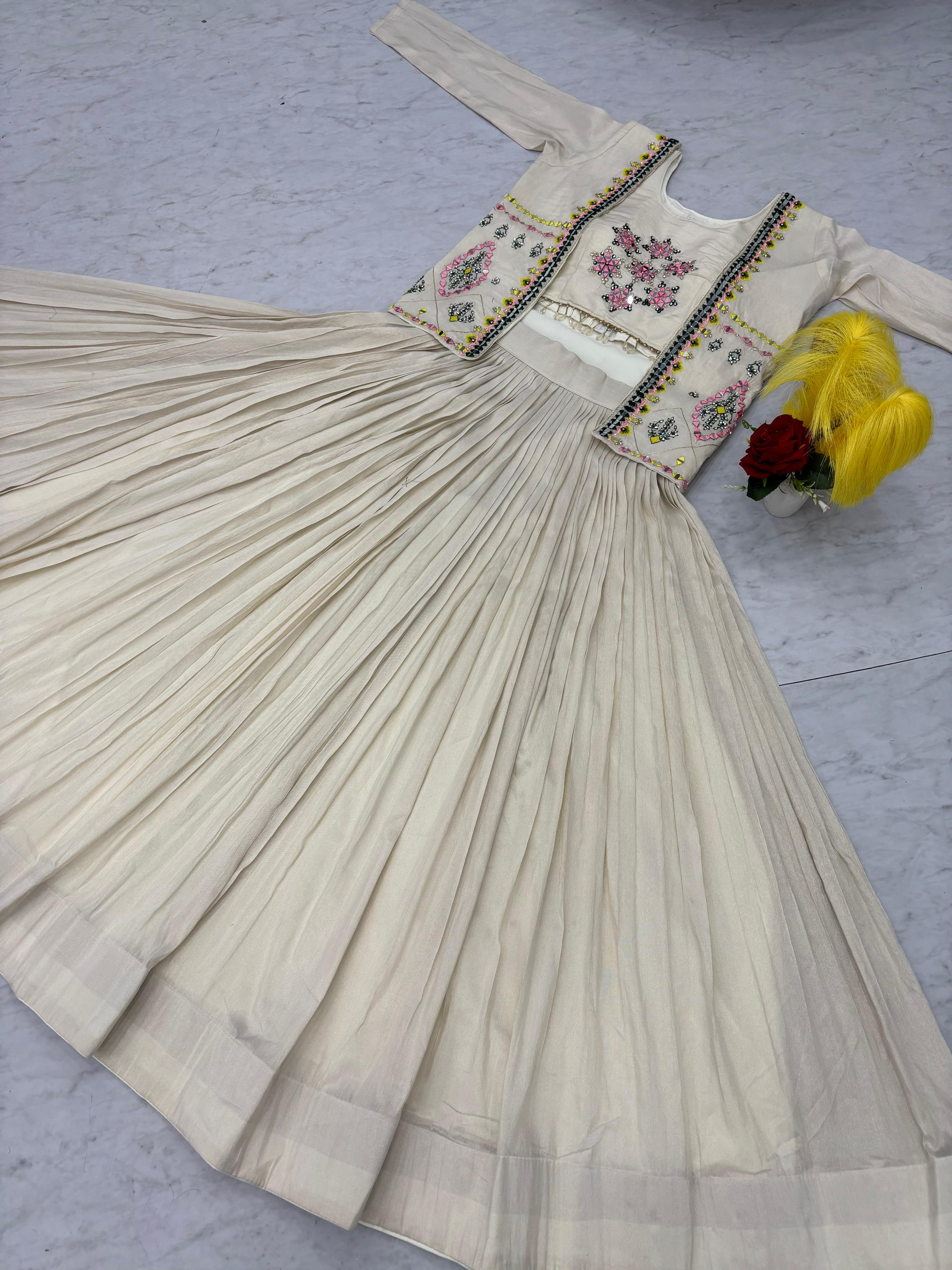 Prisha Creation Beige Embroidered Anarkali Dress with Jacket – Elegant Ethnic Wear