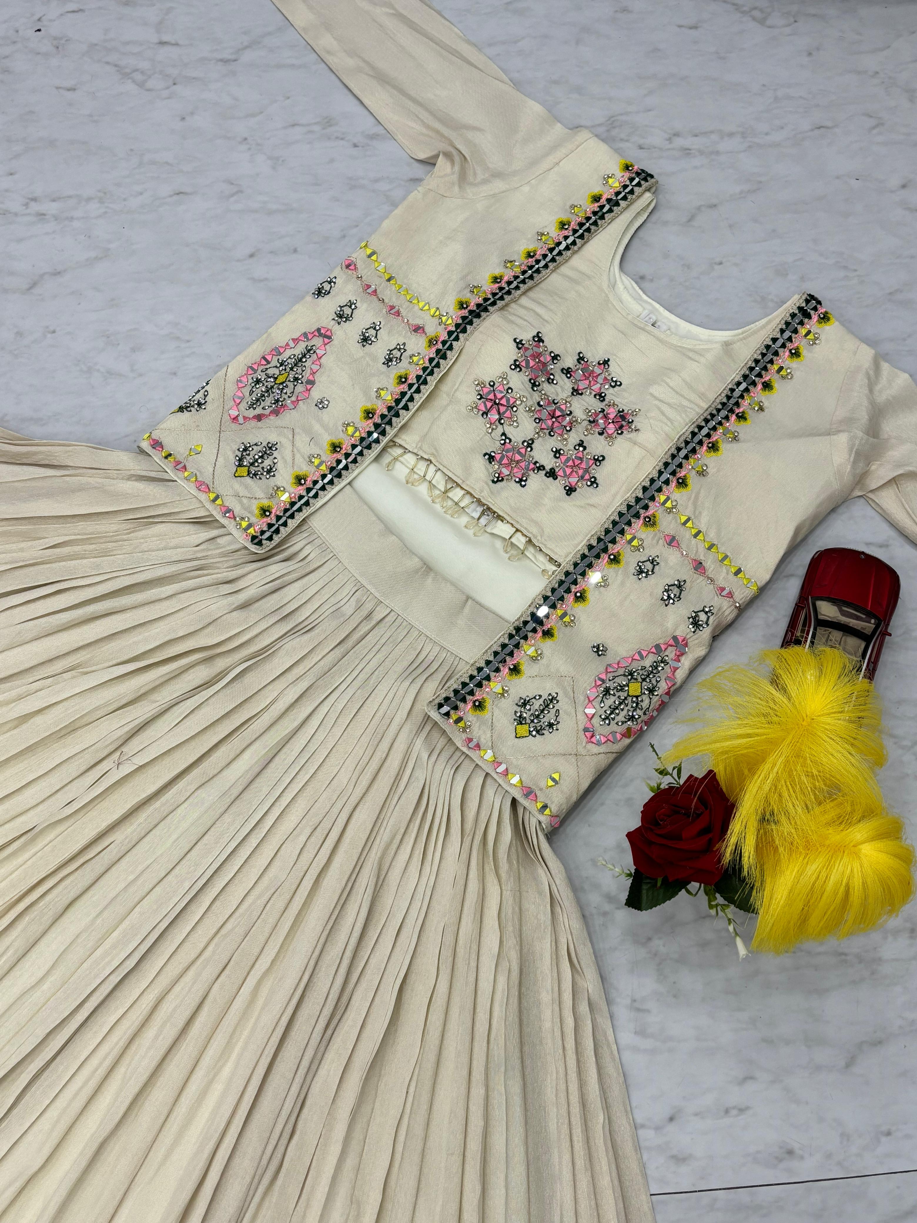 Prisha Creation Beige Embroidered Anarkali Dress with Jacket – Elegant Ethnic Wear