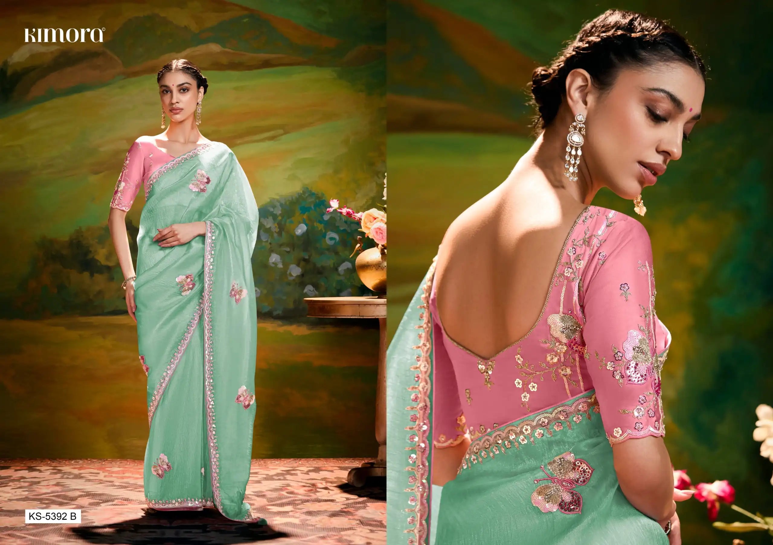 KIMORA Organza Saree Is A Masterful Blend Of Delicate Embroidery And Intricate Sequence Cutwork Along Its Border