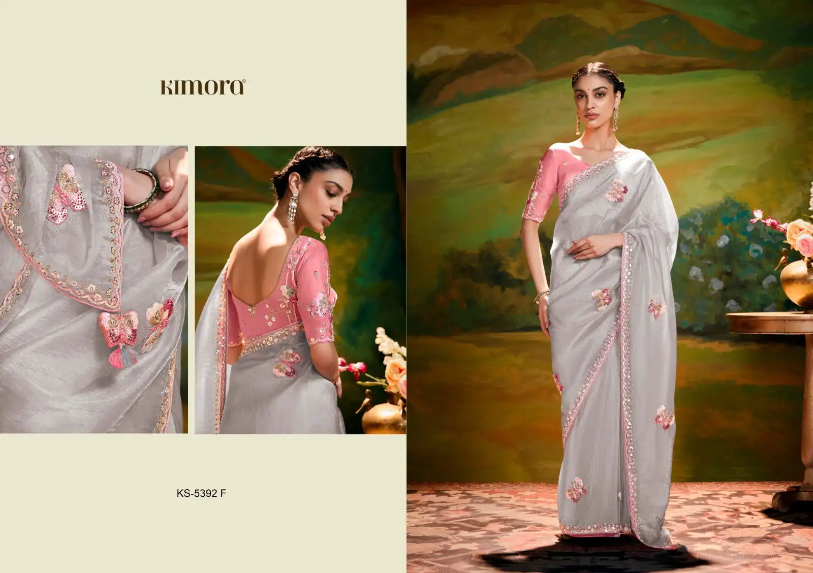 KIMORA Organza Saree Is A Masterful Blend Of Delicate Embroidery And Intricate Sequence Cutwork Along Its Border