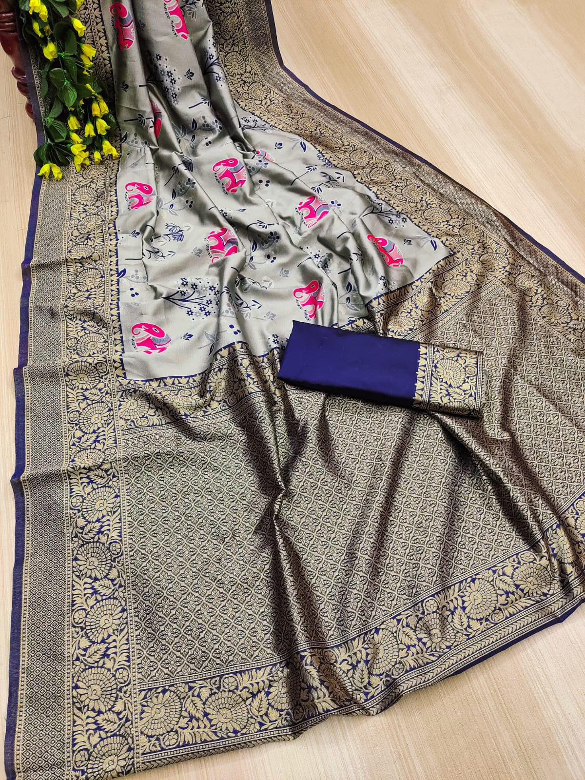 KP CREATION Elephant Print Silk Saree Collection