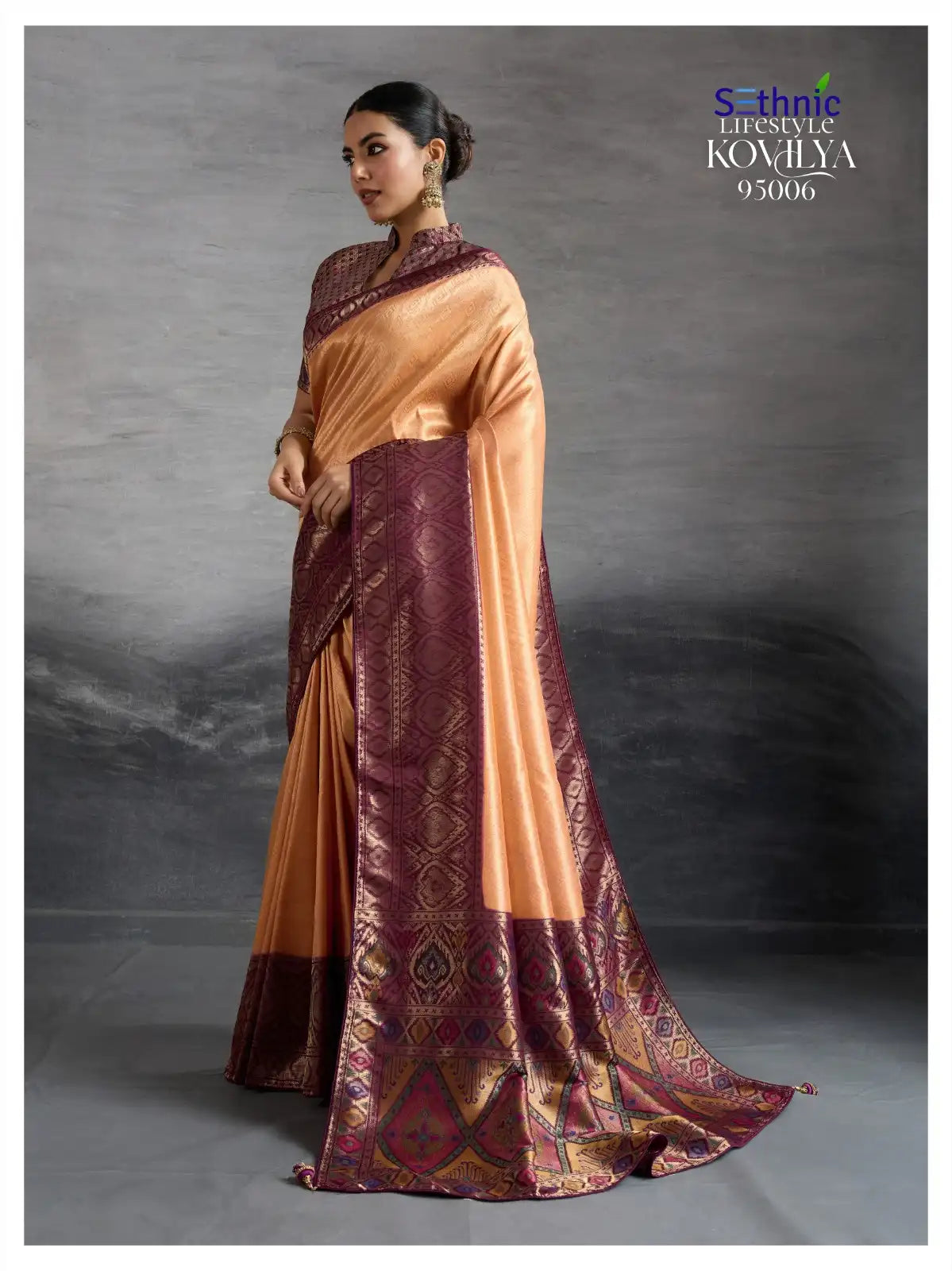 Sethnic LifeStyle Sarees Are Crafted From Premium Kanjivaram Soft Silk Featuring The Distinctive Kadiyal Pattern