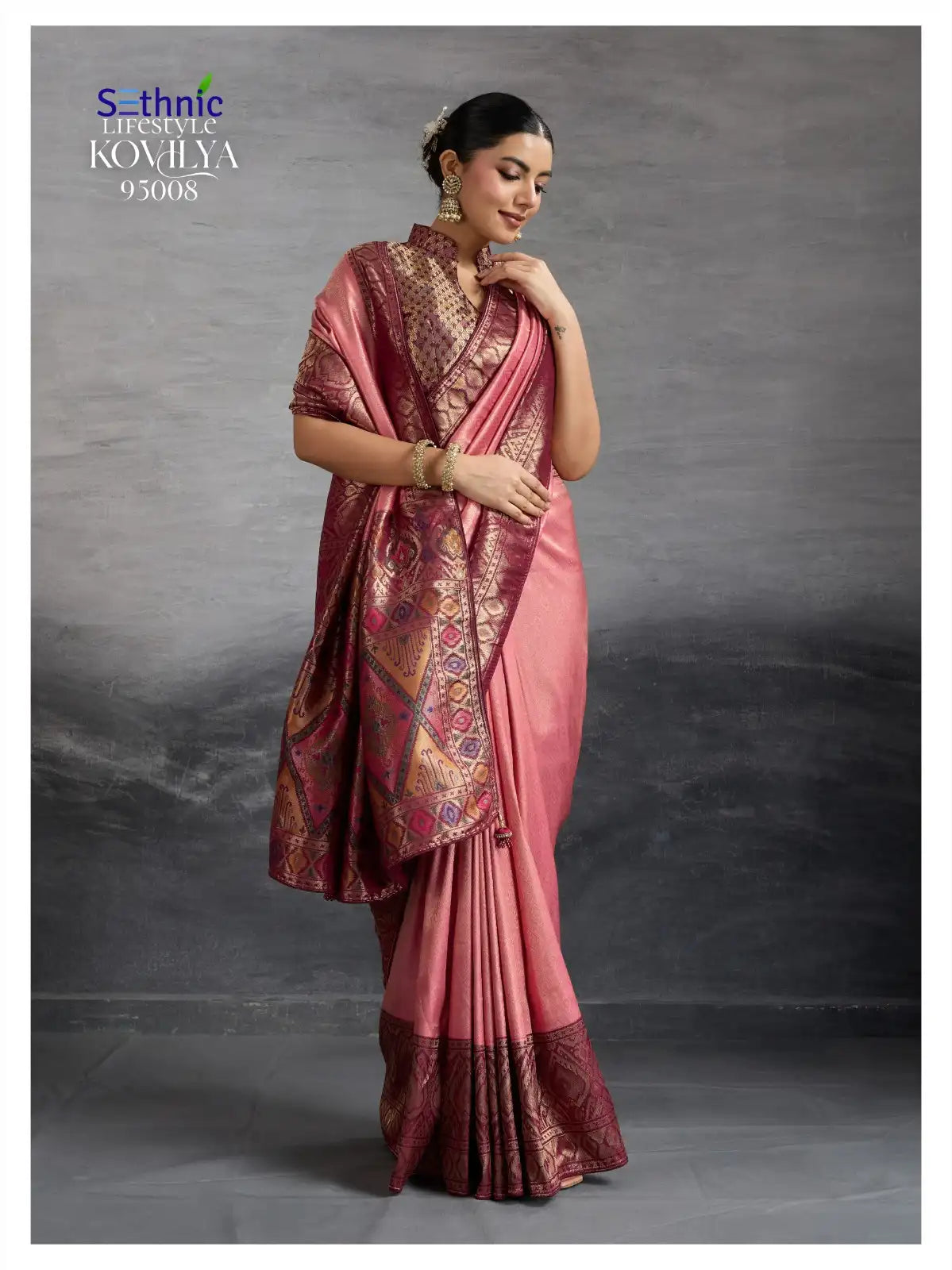 Sethnic LifeStyle Sarees Are Crafted From Premium Kanjivaram Soft Silk Featuring The Distinctive Kadiyal Pattern