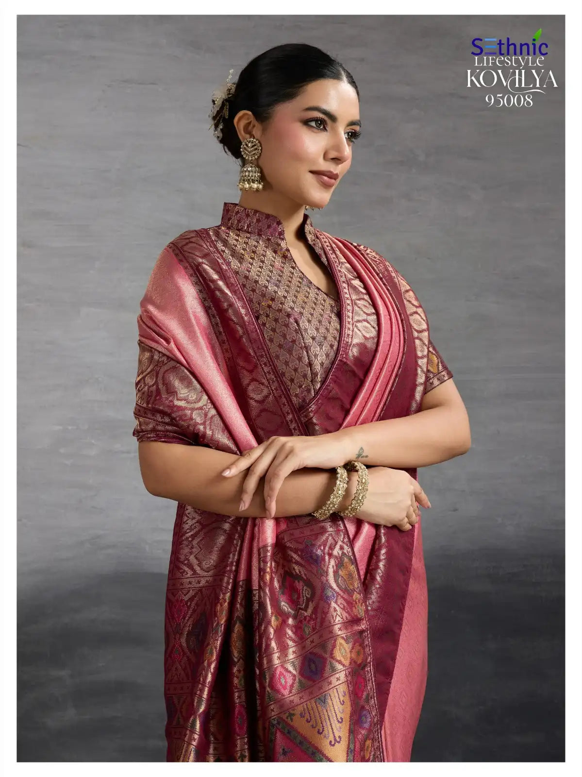 Sethnic LifeStyle Sarees Are Crafted From Premium Kanjivaram Soft Silk Featuring The Distinctive Kadiyal Pattern