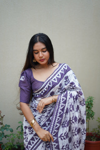 Batik Printed Pure Chanderi Cotton Saree in Off White