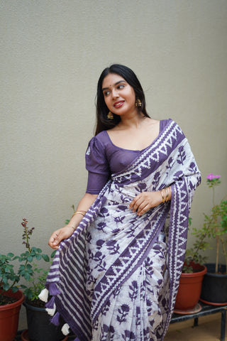 Batik Printed Pure Chanderi Cotton Saree in Off White