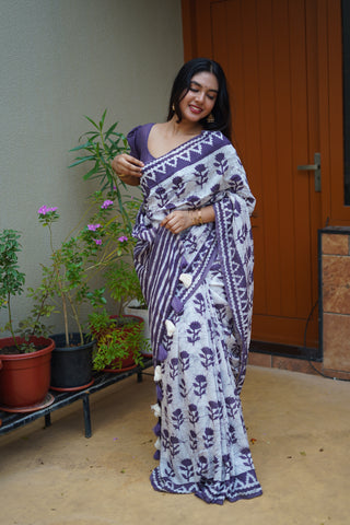 Batik Printed Pure Chanderi Cotton Saree in Off White