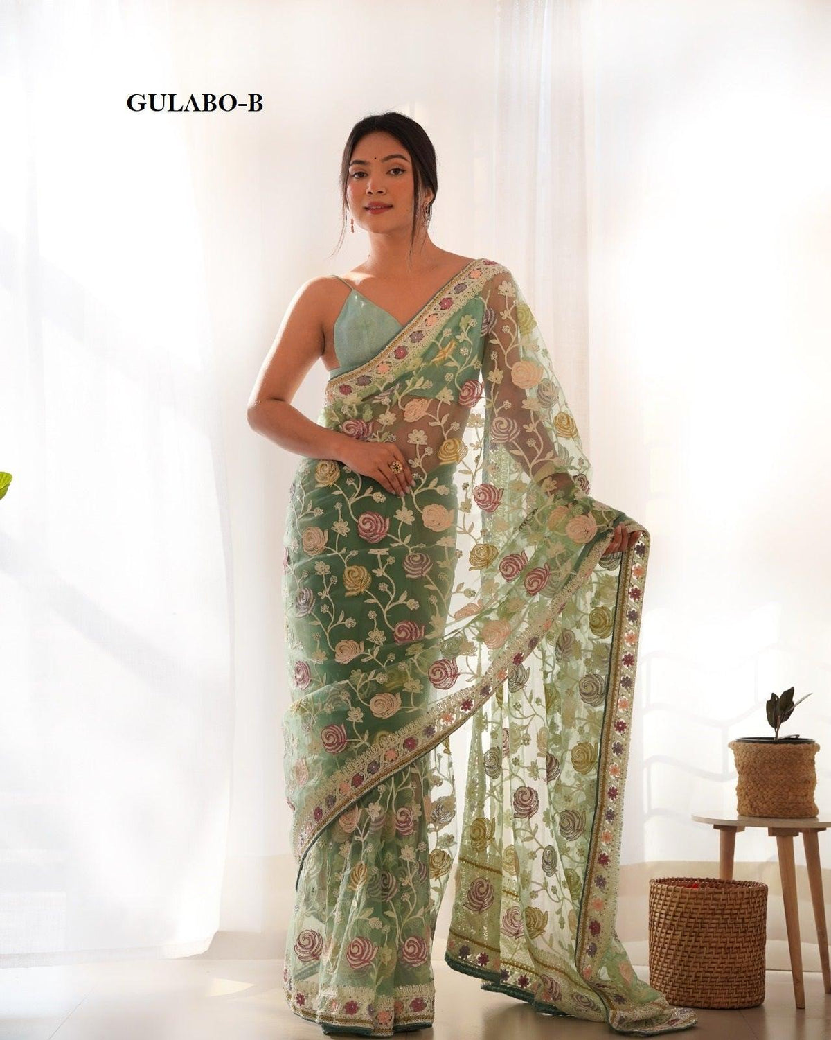 Beautiful Green Party Wear Multi  Colour Net  Aari Embroidery Work with Stone Work Saree