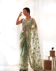 Beautiful Green Party Wear Multi  Colour Net  Aari Embroidery Work with Stone Work Saree