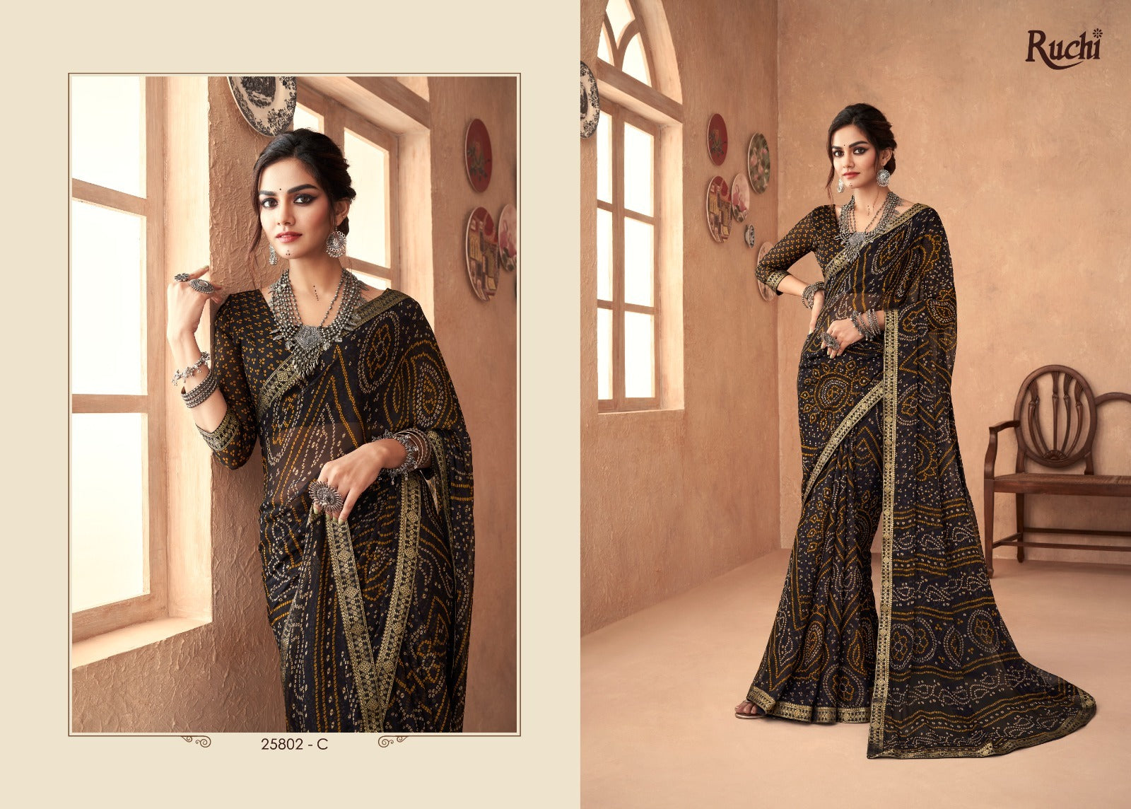 Ruchi Chiffon Bandhni Saree And Rich with Banarasi Border With Vibrant Rang of Color