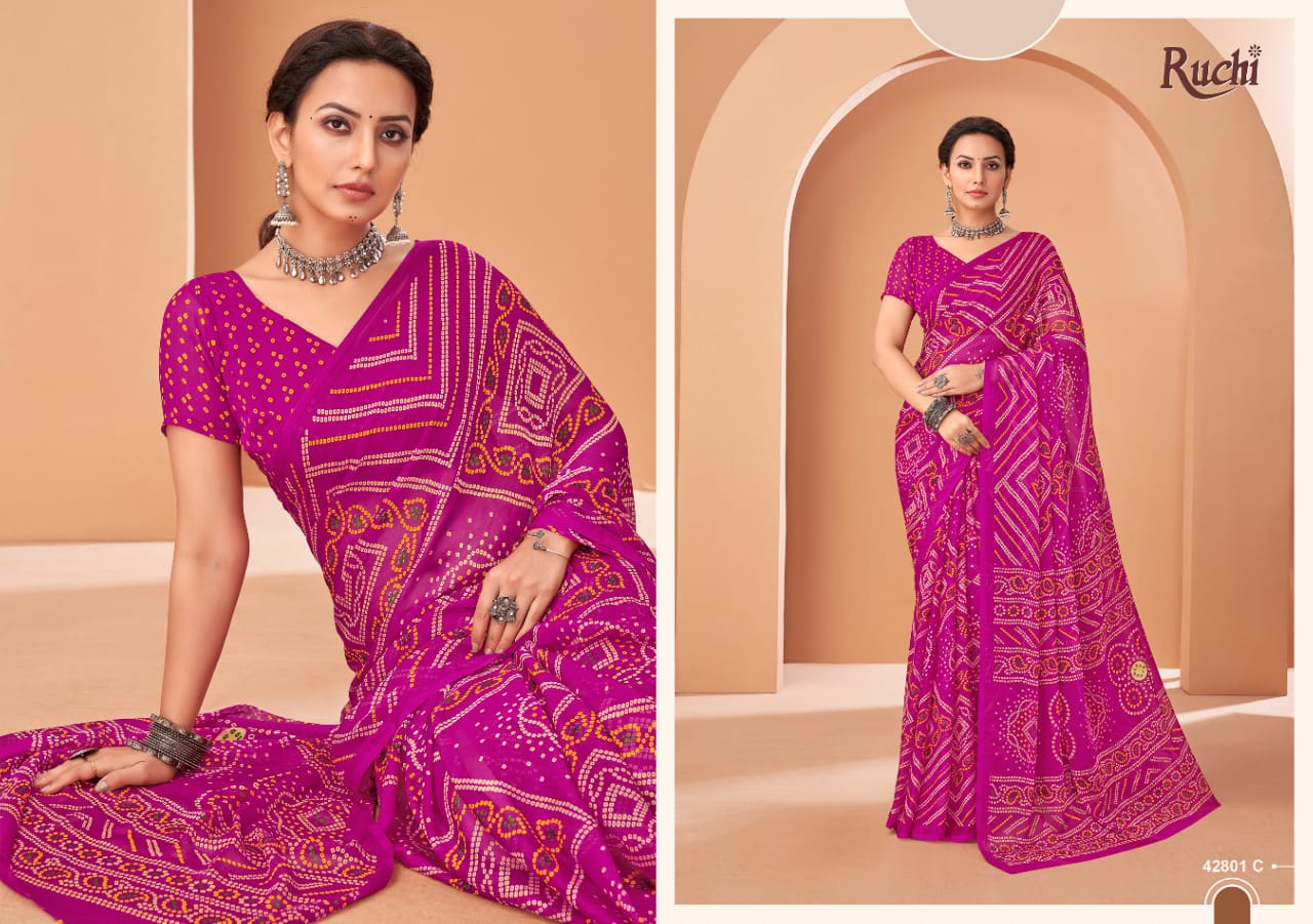 Ruchi Sarees Are Highly Crafted With Chiffon Fabric Bandhni With Vibrant Color