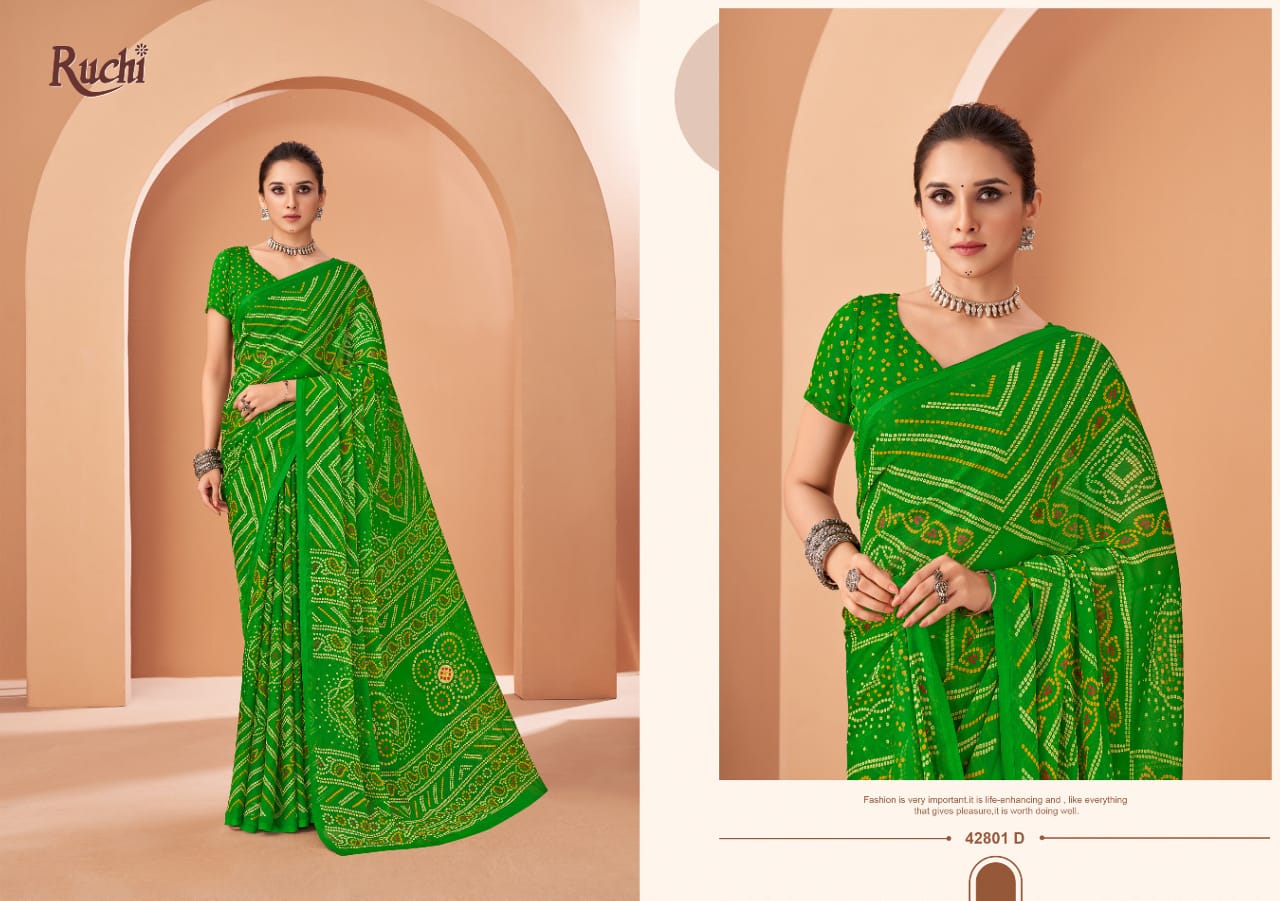 Ruchi Sarees Are Highly Crafted With Chiffon Fabric Bandhni With Vibrant Color