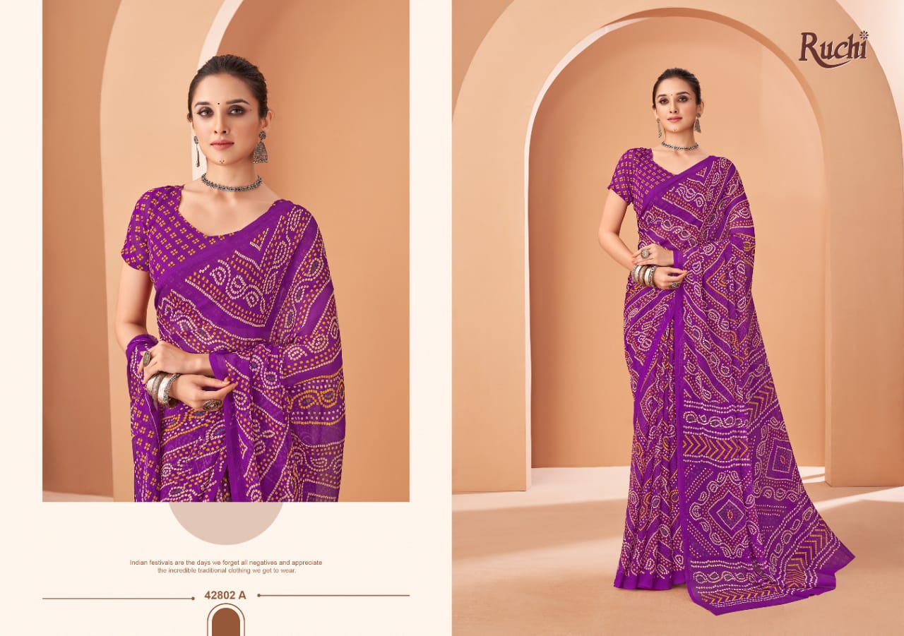 Ruchi Sarees Are Highly Crafted With Chiffon Fabric Bandhni With Vibrant Color