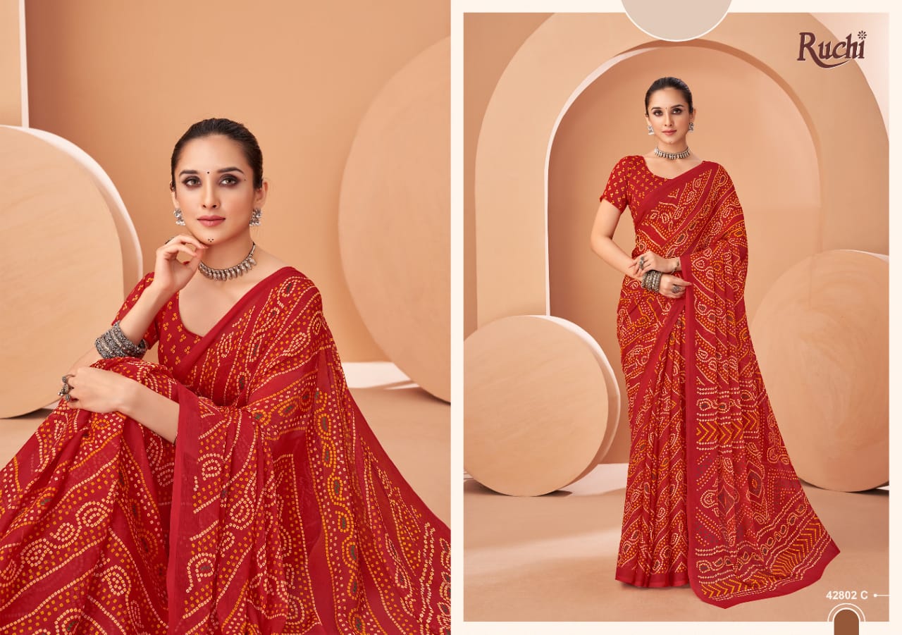 Ruchi Sarees Are Highly Crafted With Chiffon Fabric Bandhni With Vibrant Color