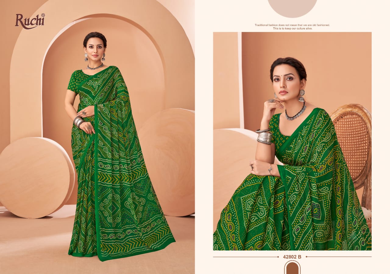 Ruchi Sarees Are Highly Crafted With Chiffon Fabric Bandhni With Vibrant Color