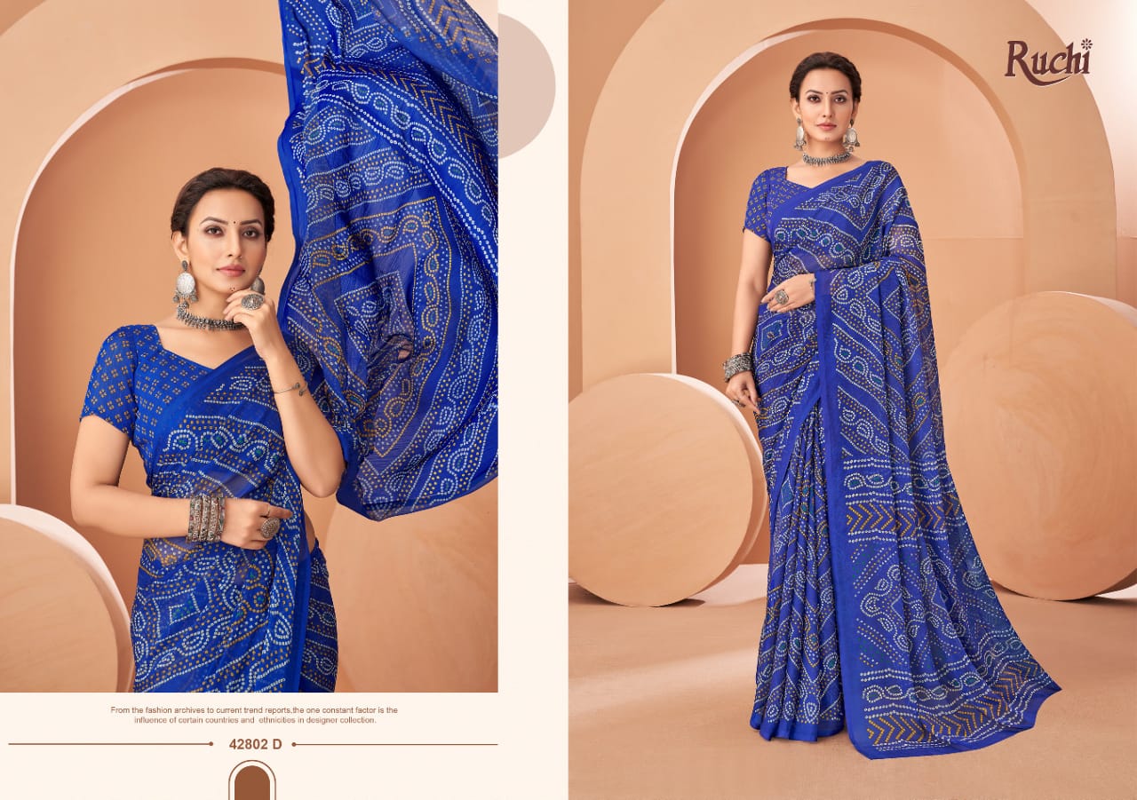 Ruchi Sarees Are Highly Crafted With Chiffon Fabric Bandhni With Vibrant Color