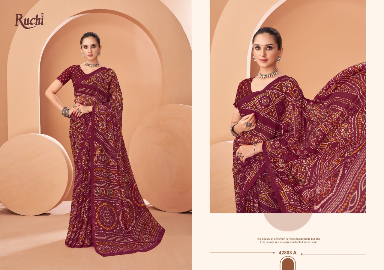 Ruchi Sarees Are Highly Crafted With Chiffon Fabric Bandhni With Vibrant Color